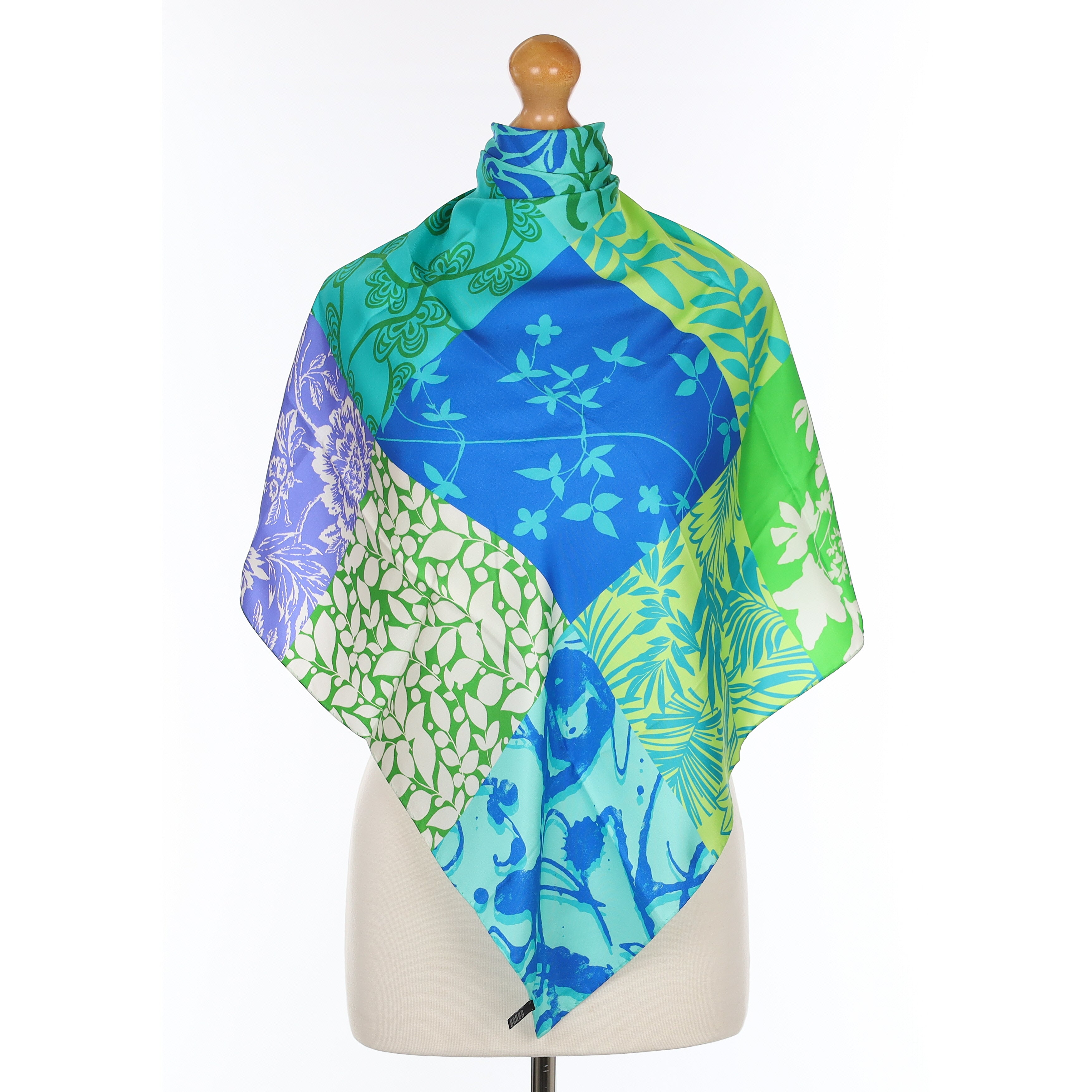 Blue and Green Patchwork Silk Scarf