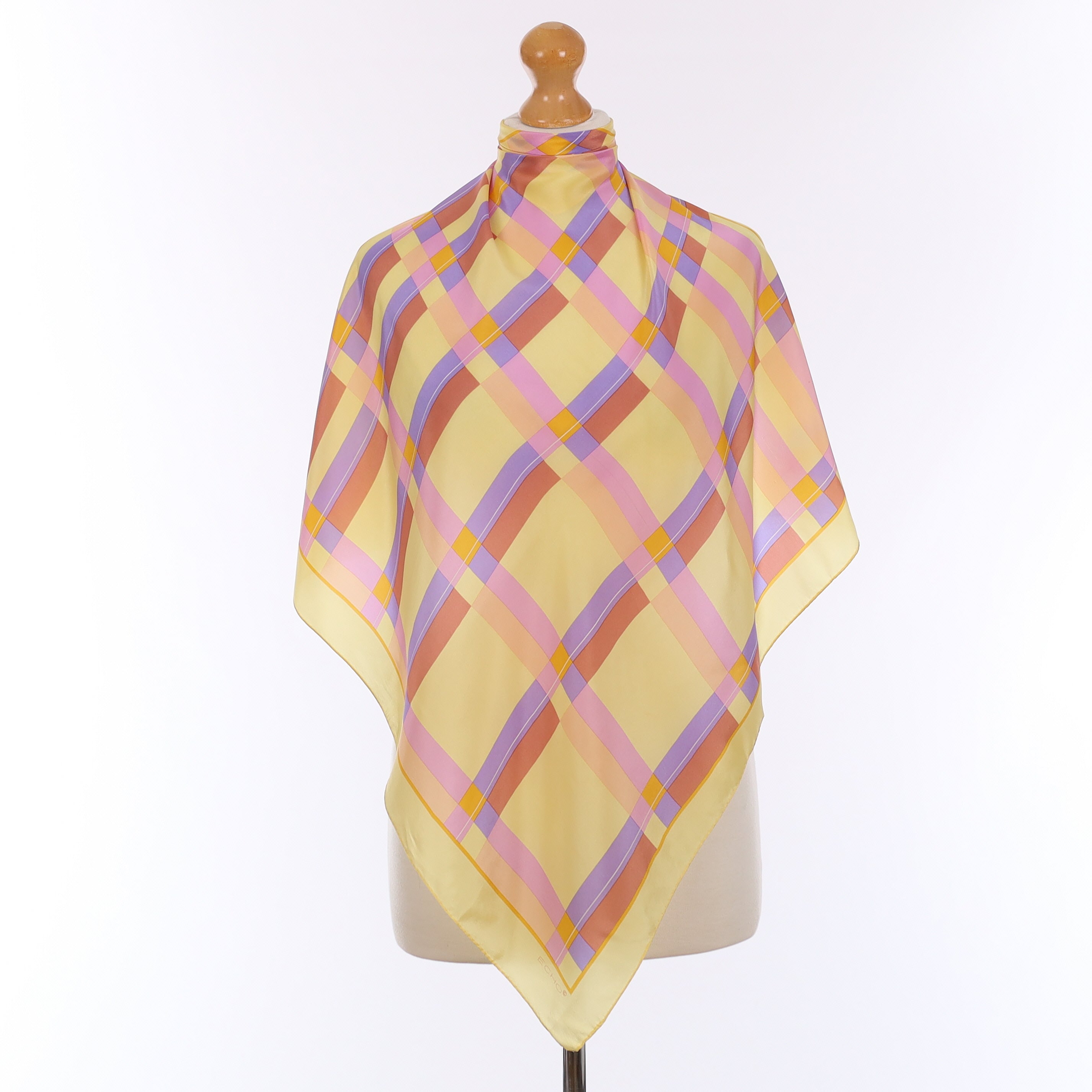 Pristine Echo Yellow and Pink Plaid Vintage Silk Scarf