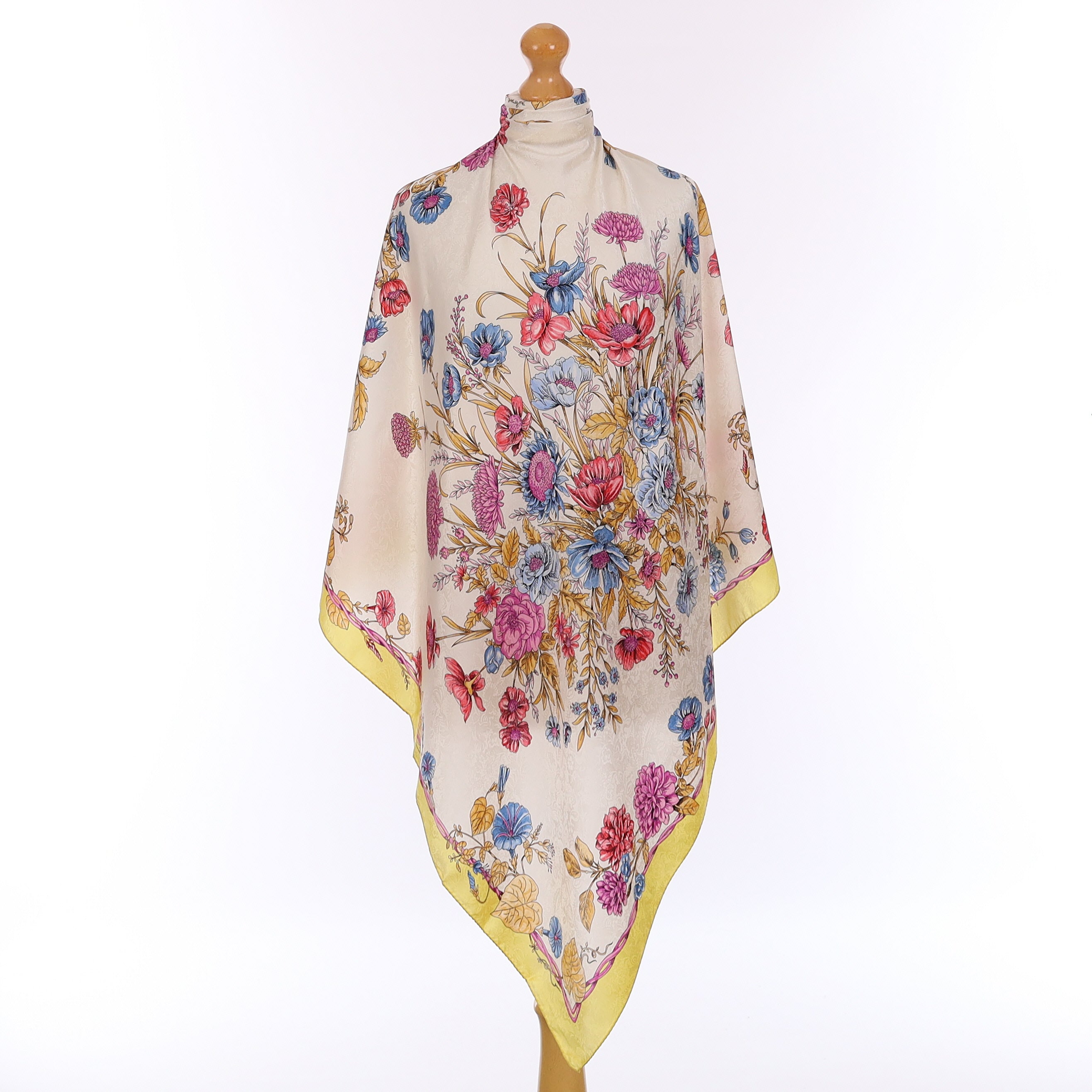 Pristine Ivory Floral Vintage Silk Scarf