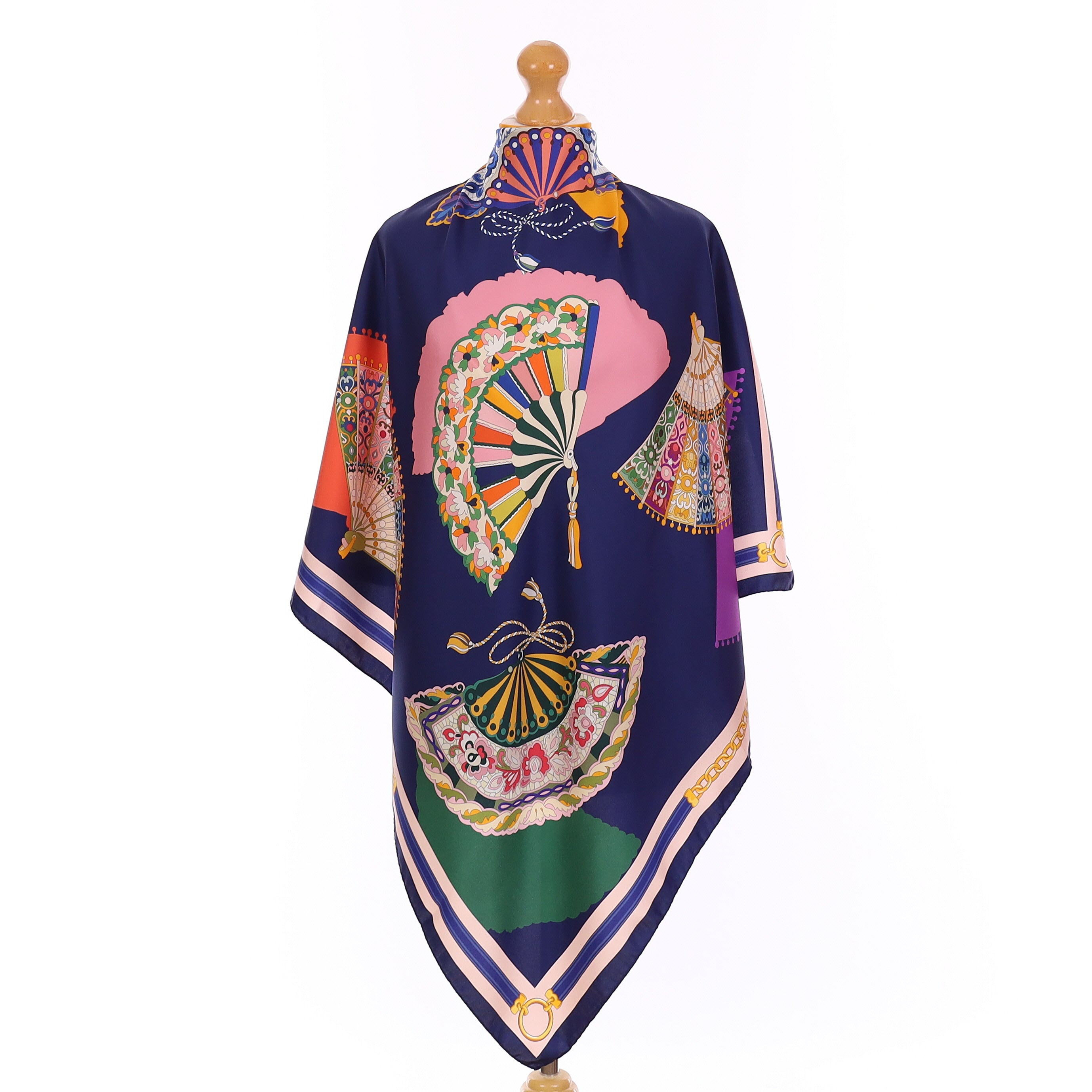 Brand New Italian French Navy Fan Design Silk Scarf