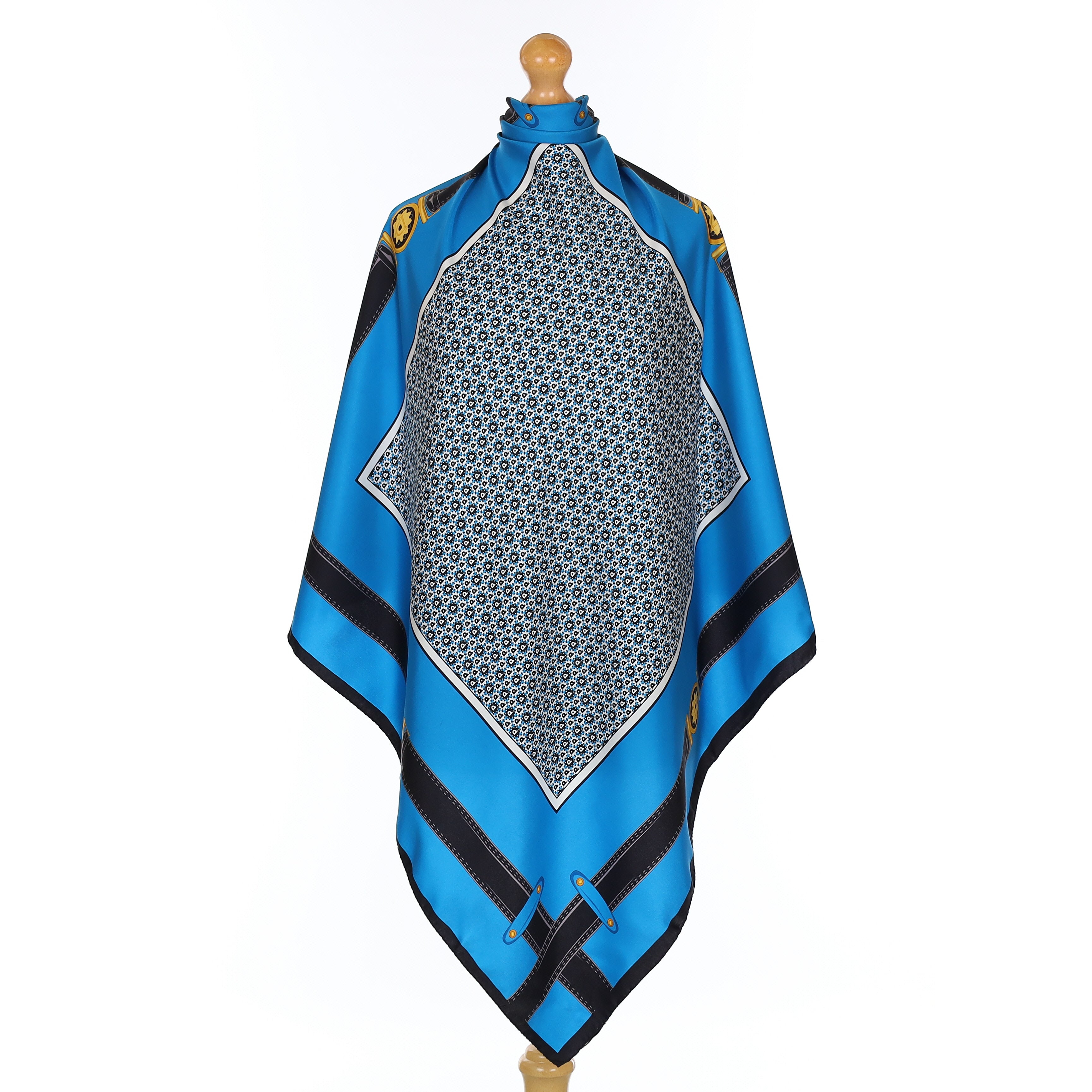 Pollini Designer Peacock Blue and Black Silk Scarf