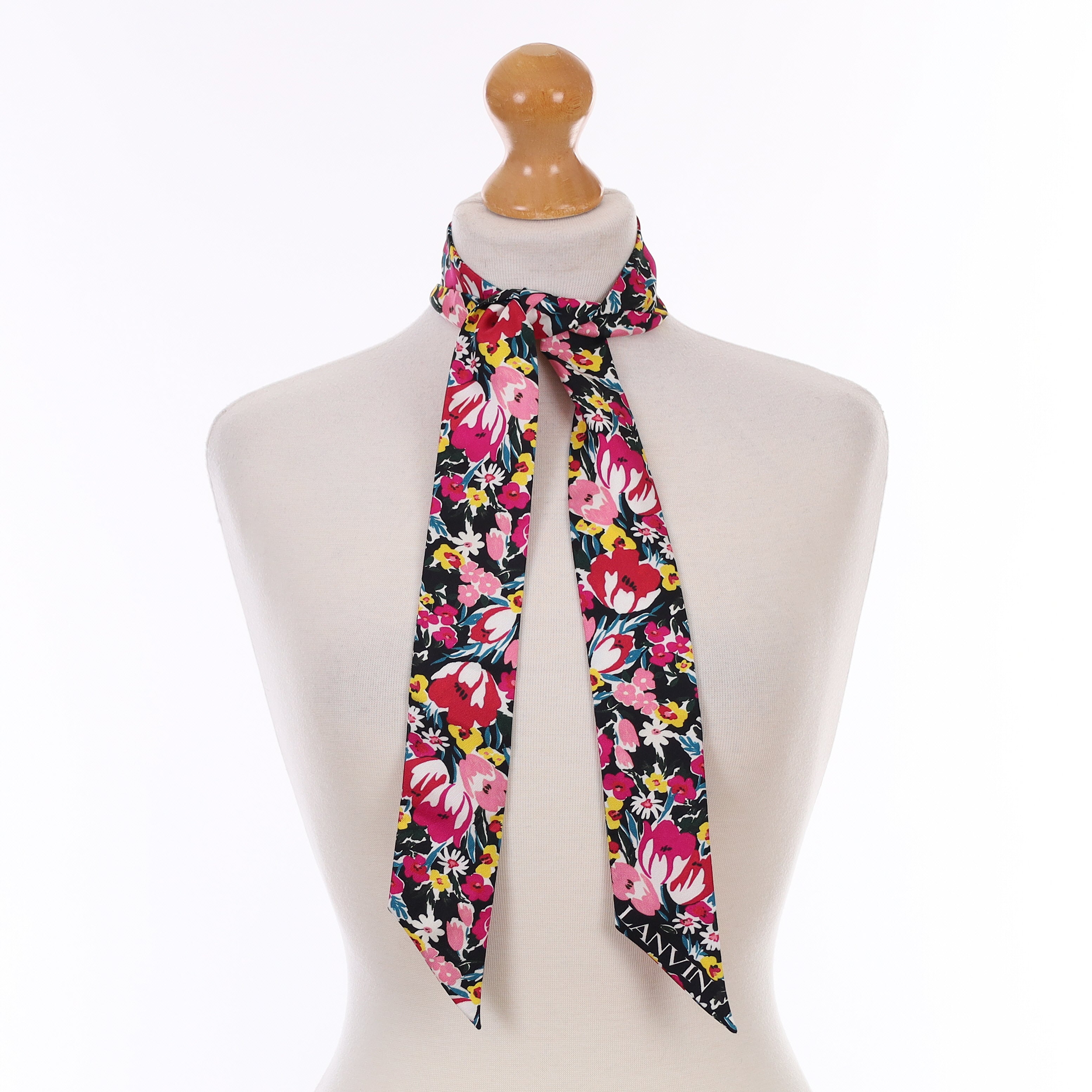 Brand New Lanvin Black and Pink Floral Silk Twilly