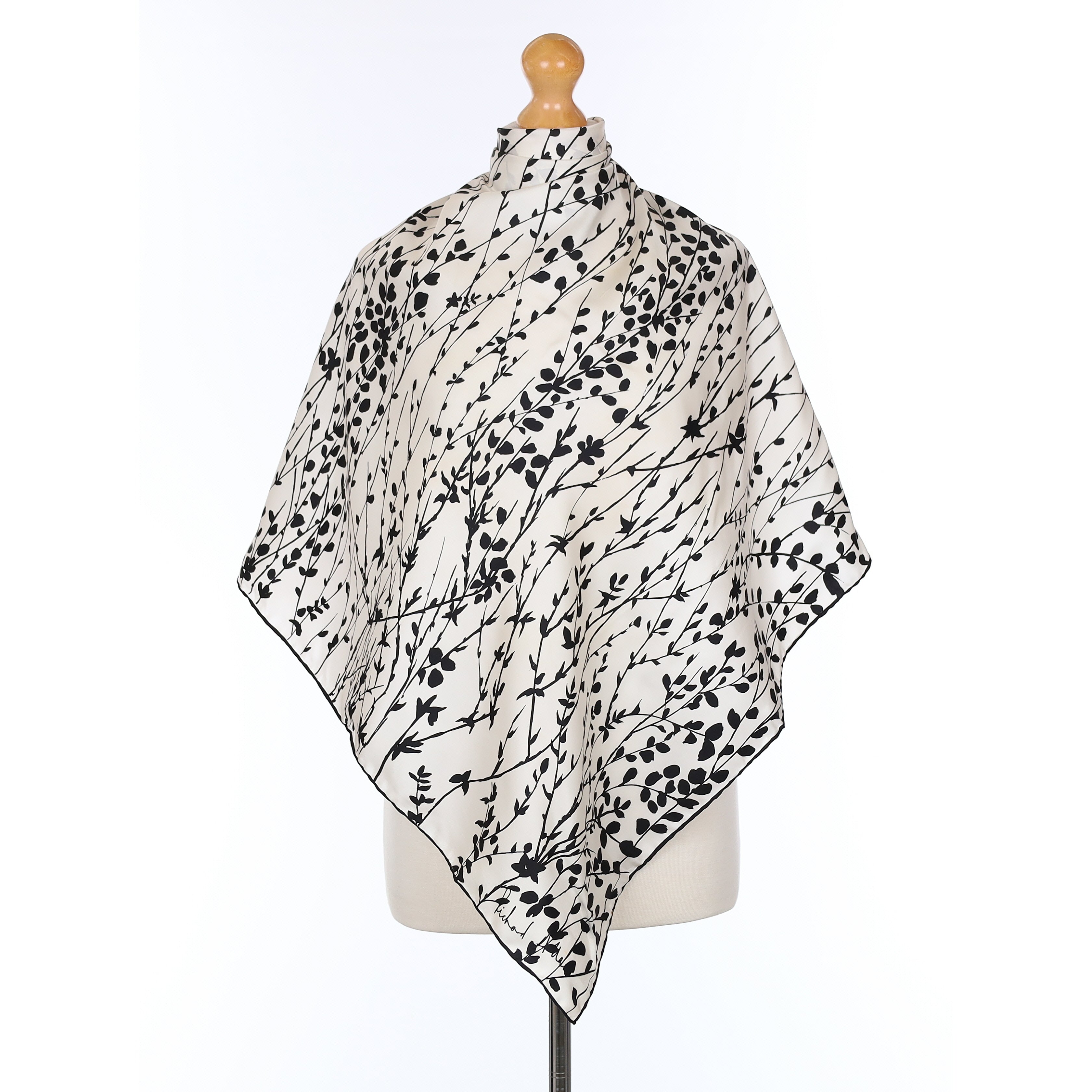 1970's Richard Allan Ivory and Black Floral Vintage Silk Scarf