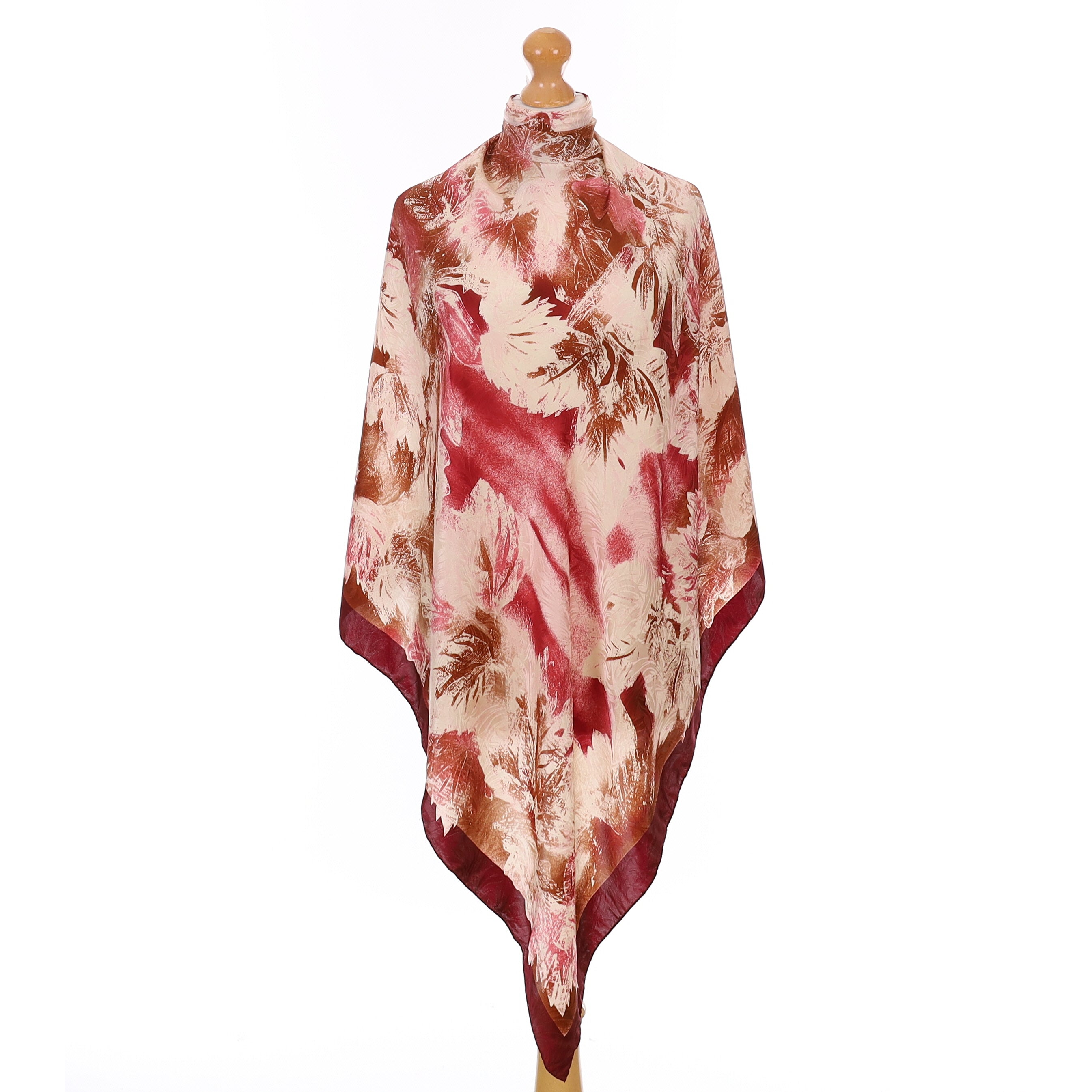Pristine Burgundy Leaf Design Vintage Silk Scarf