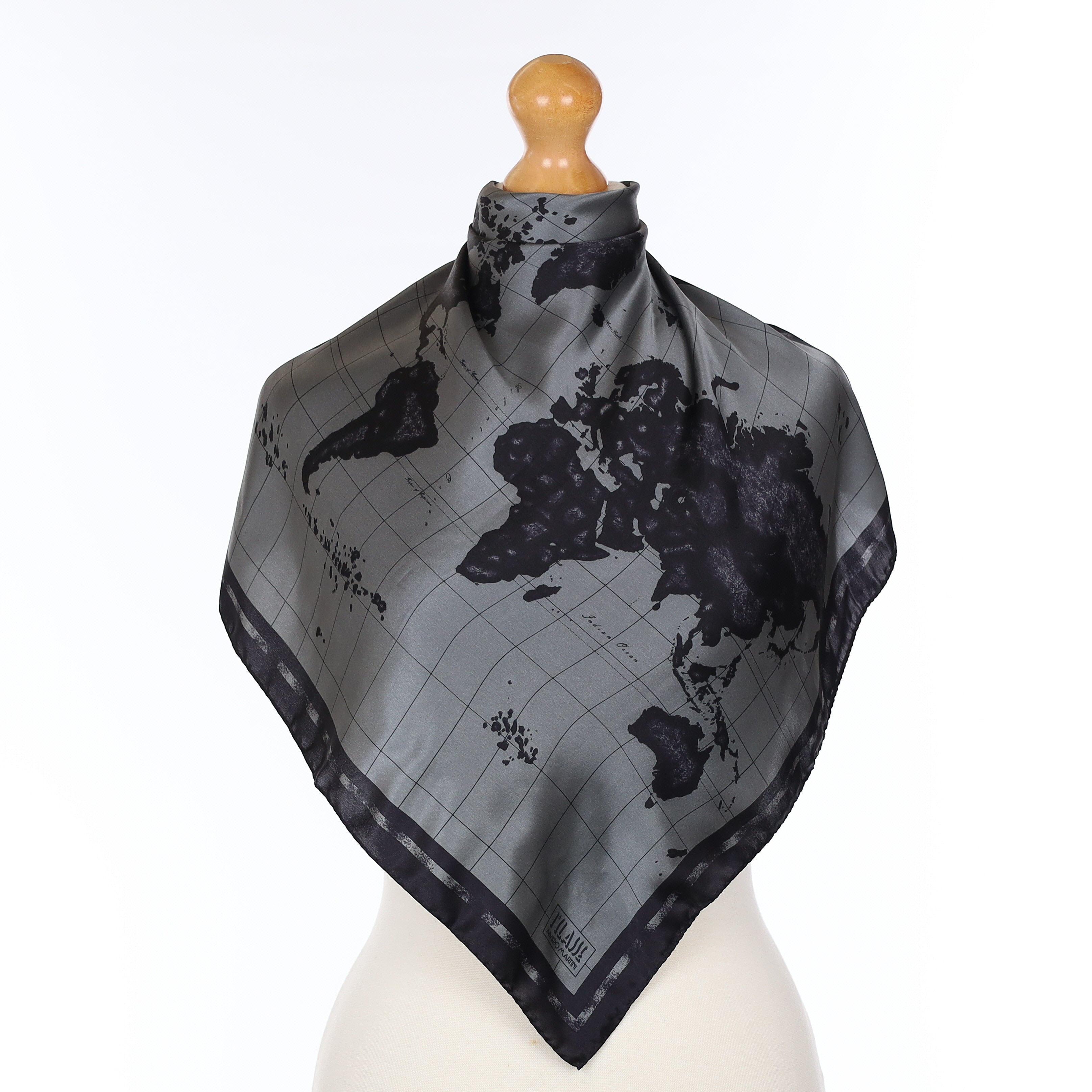 Pristine Grey and Black World Map Silk Scarf