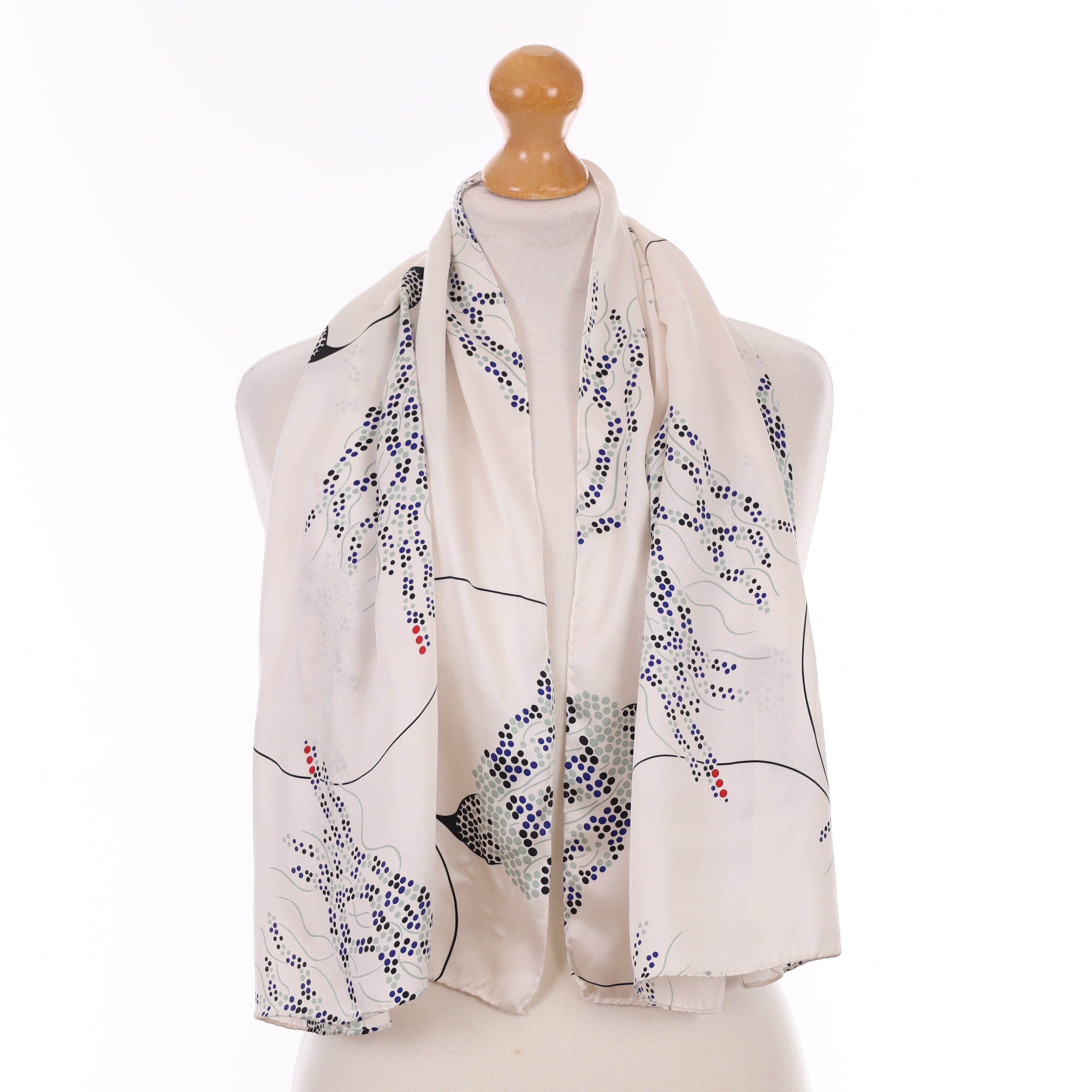 Pristine Ivory and Blue Dotty Vintage Silk Scarf