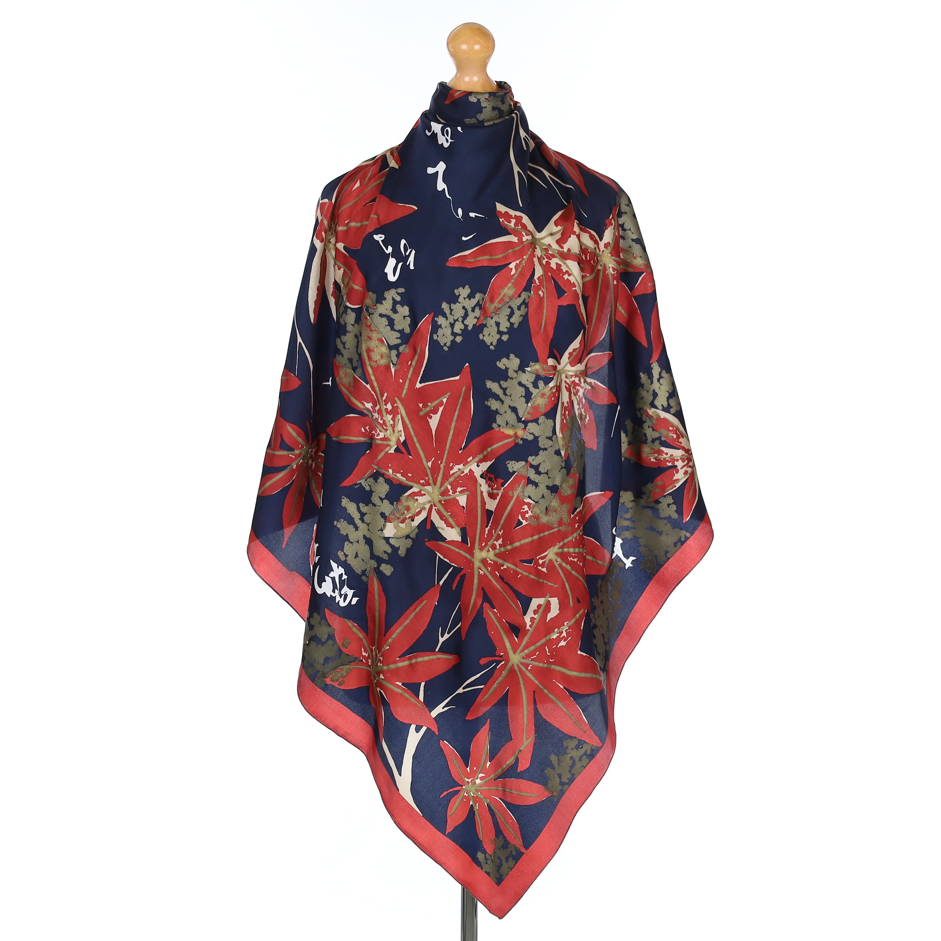 Pristine Beckford Silk Navy and Brick Red Floral Silk Scarf