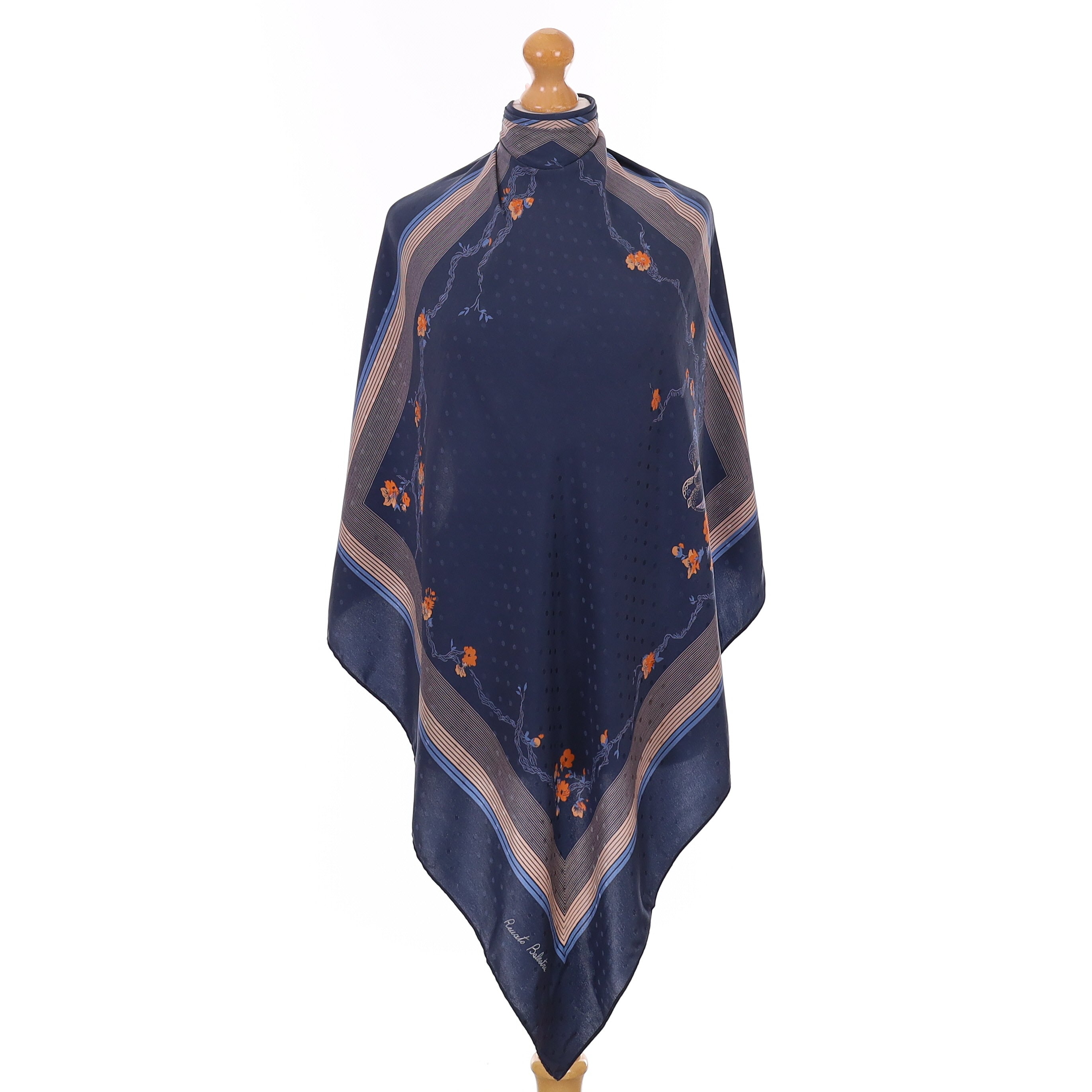 Pristine Navy and Orange Floral Vintage Silk Scarf