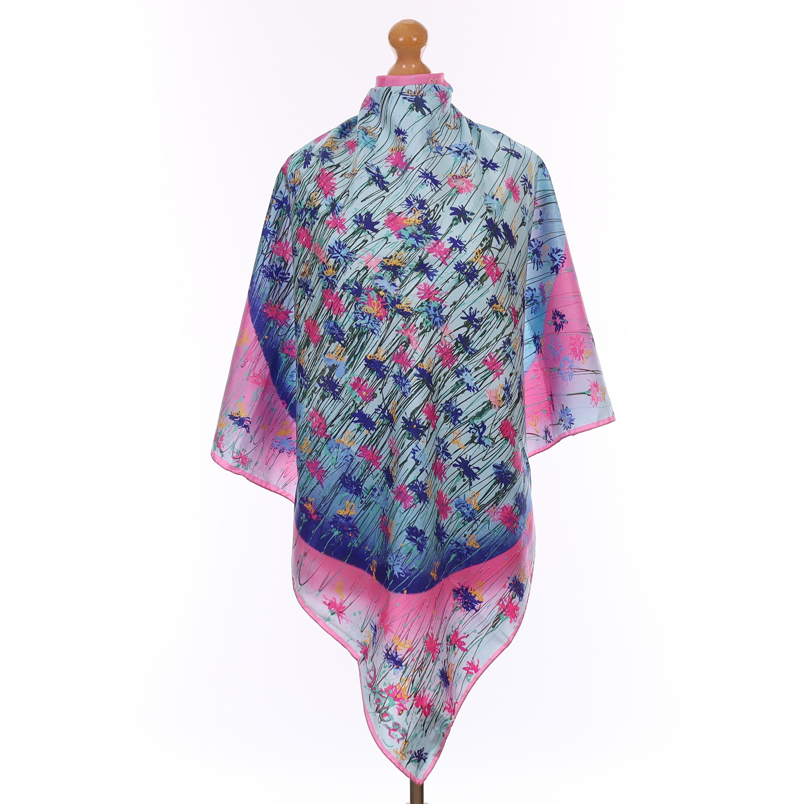 Brand New Boxed Aspinal Blue and Pink Floral Silk Scarf
