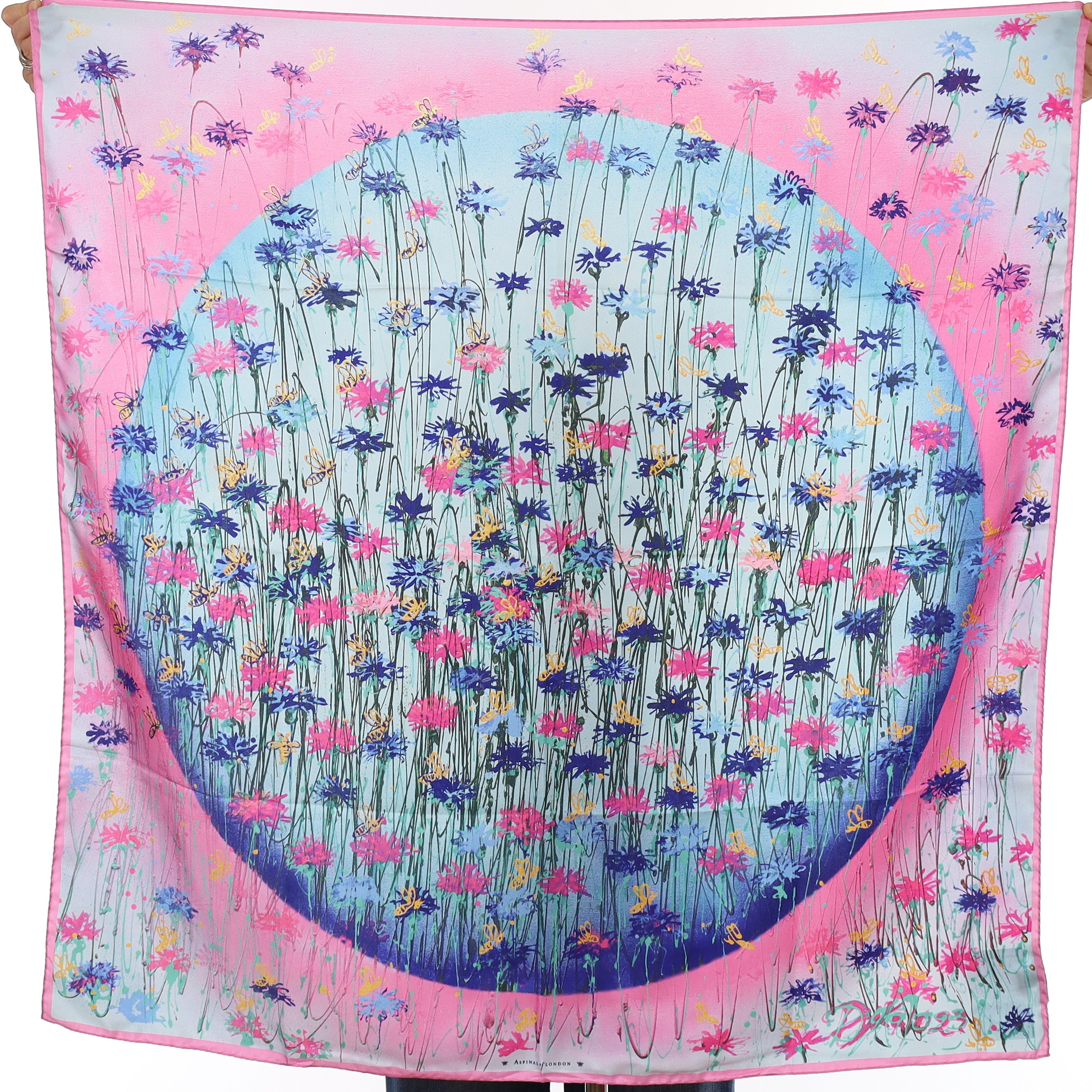 Brand New Boxed Aspinal Blue and Pink Floral Silk Scarf