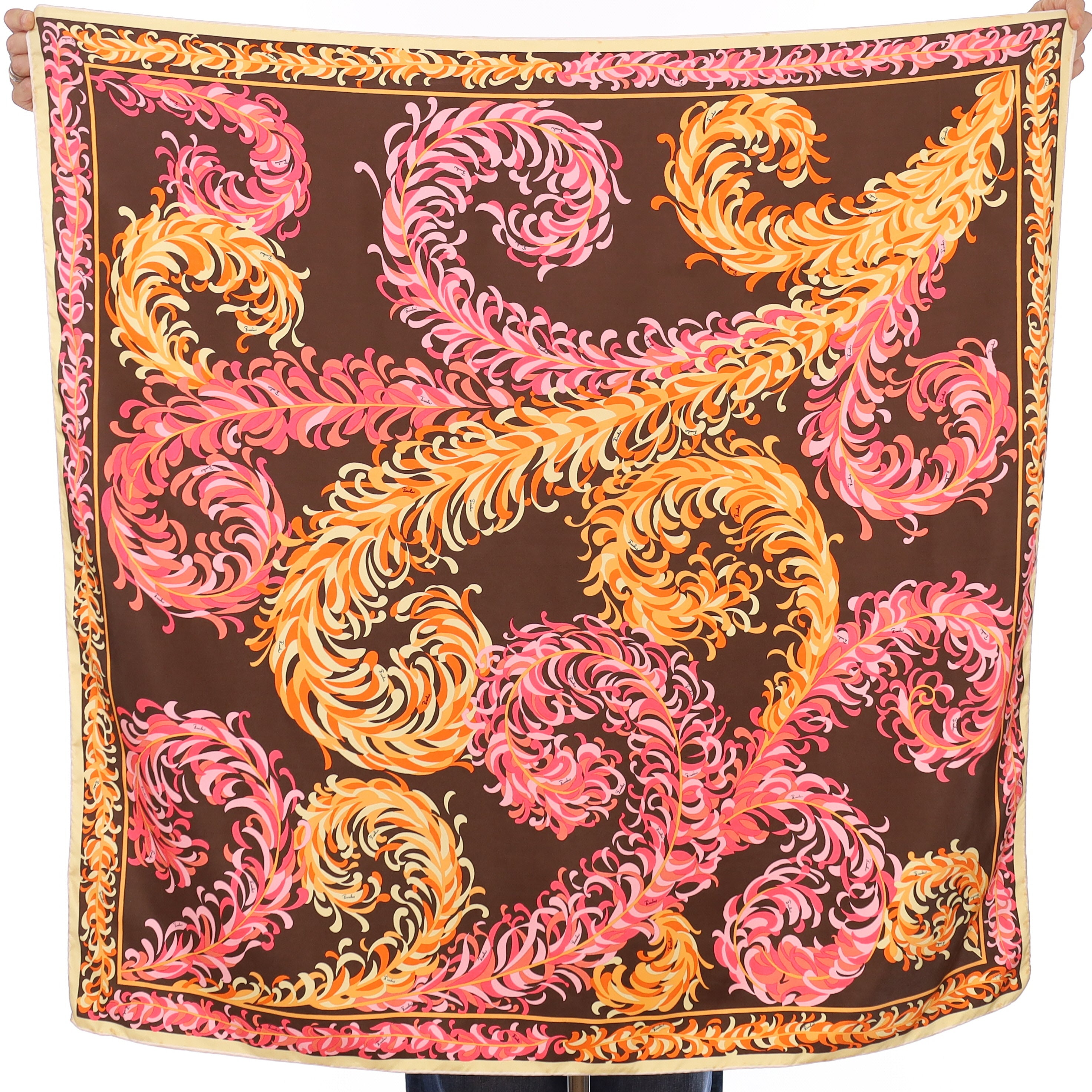 Emilio Pucci Pink and Orange Feathers Vintage Silk Scarf