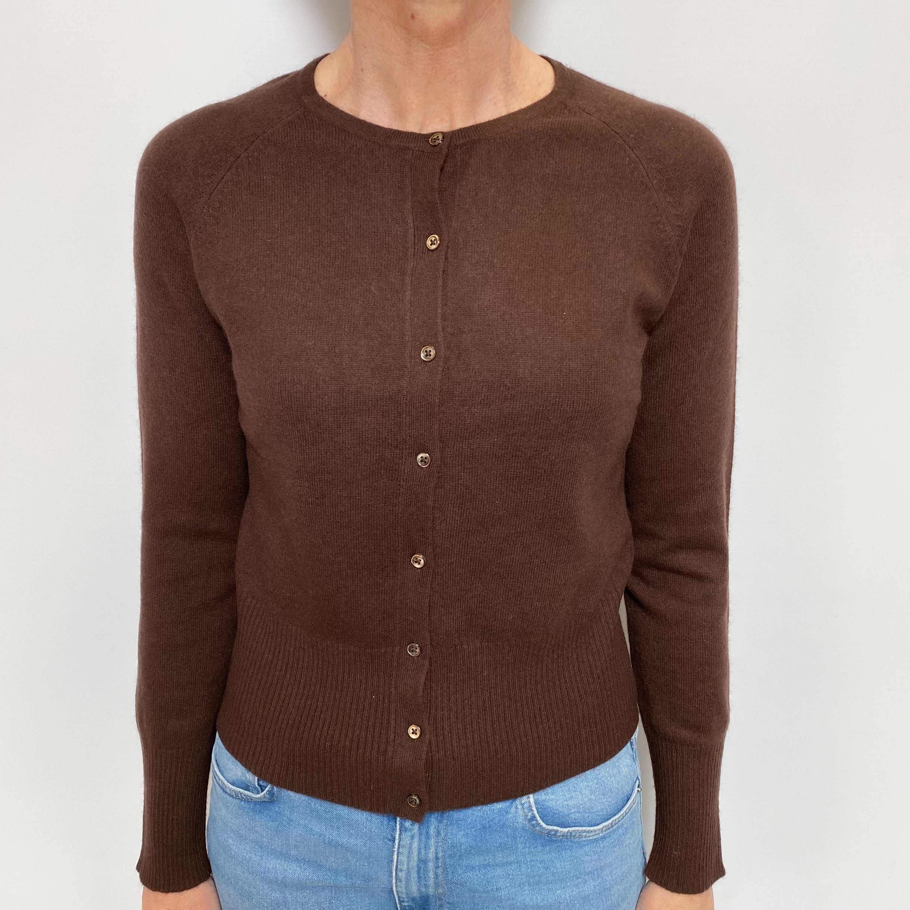 Dark Chocolate Cashmere Crew Neck Cardigan Small