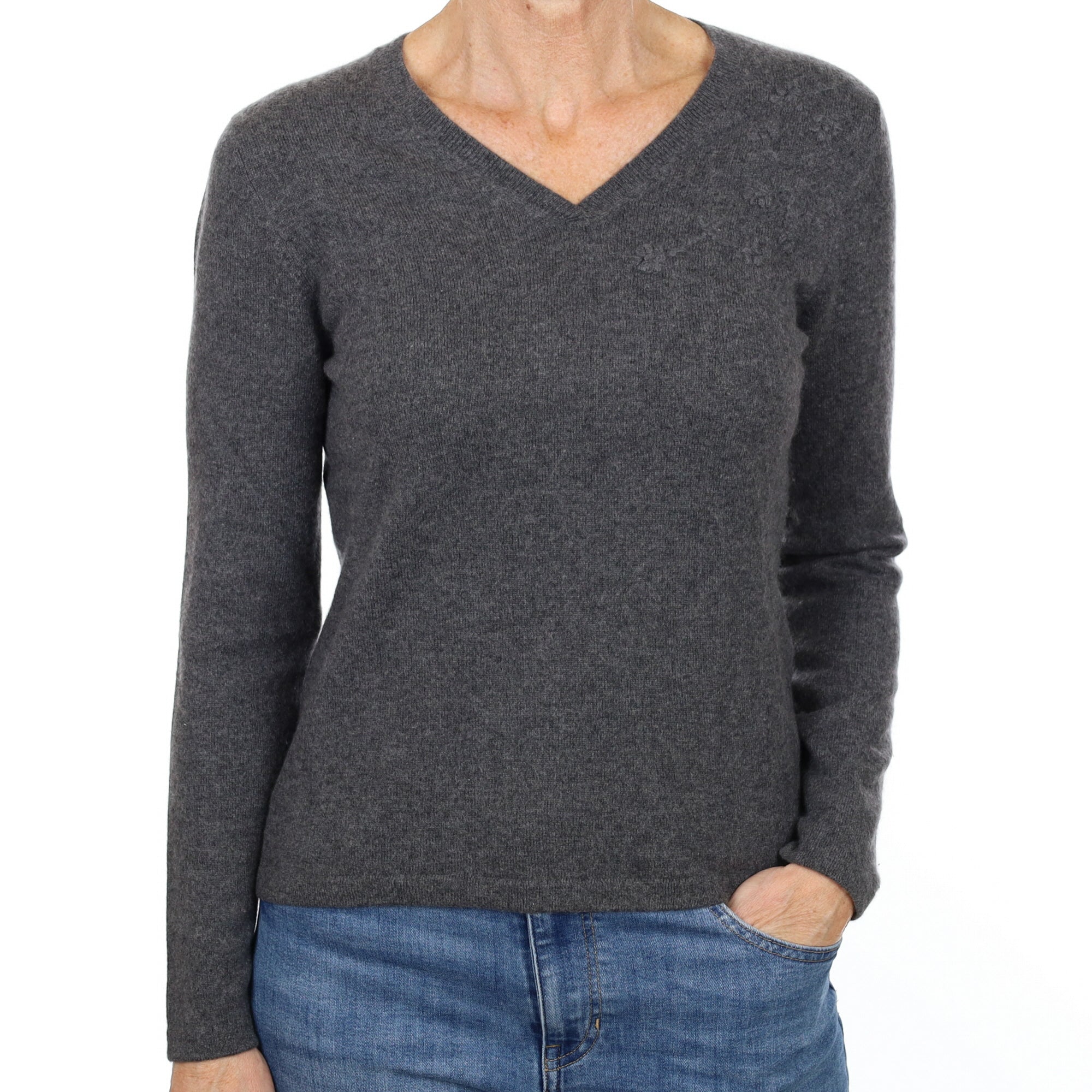 Slate Grey Cashmere V Neck Jumper Small