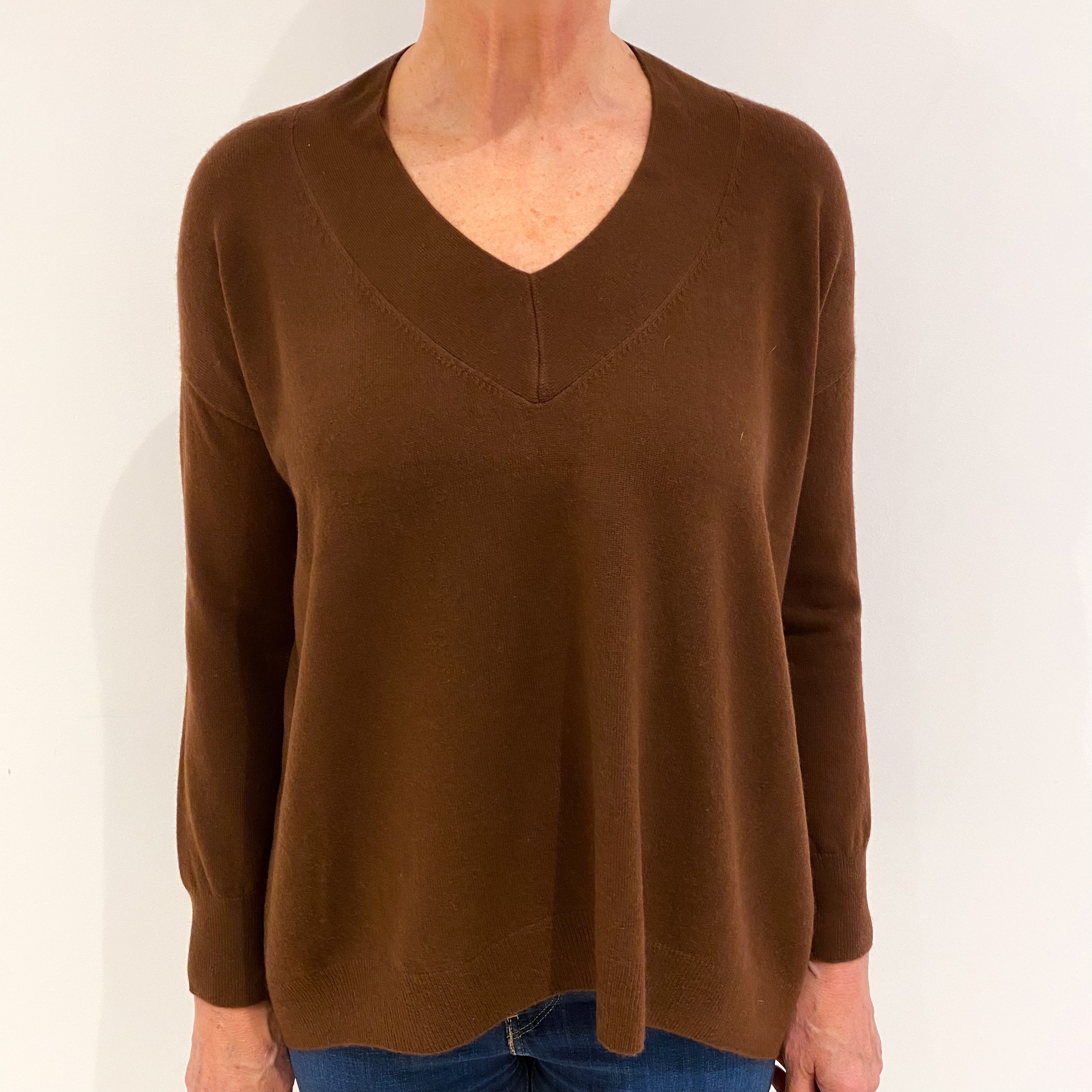 Russet Brown Cashmere V Neck Jumper Medium