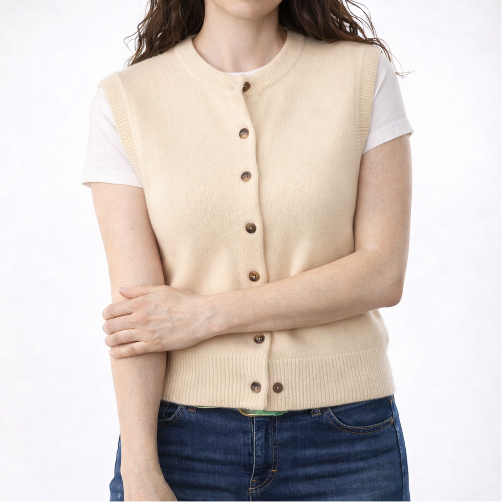 Brand New Vanilla Cream Luxury Cashmere Crew Neck Waistcoat Small UK 8-10