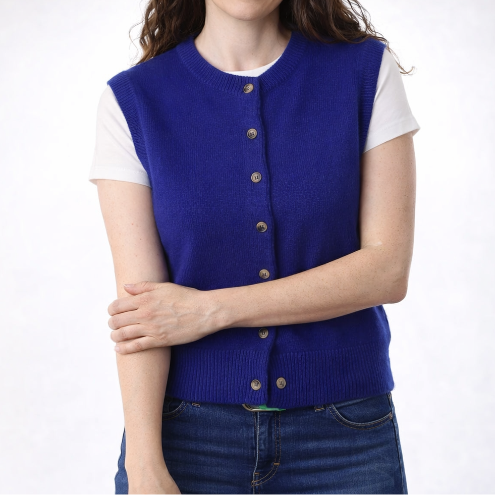 Brand New Lapis Blue Luxury Cashmere Crew Neck Waistcoat Small UK 8-10