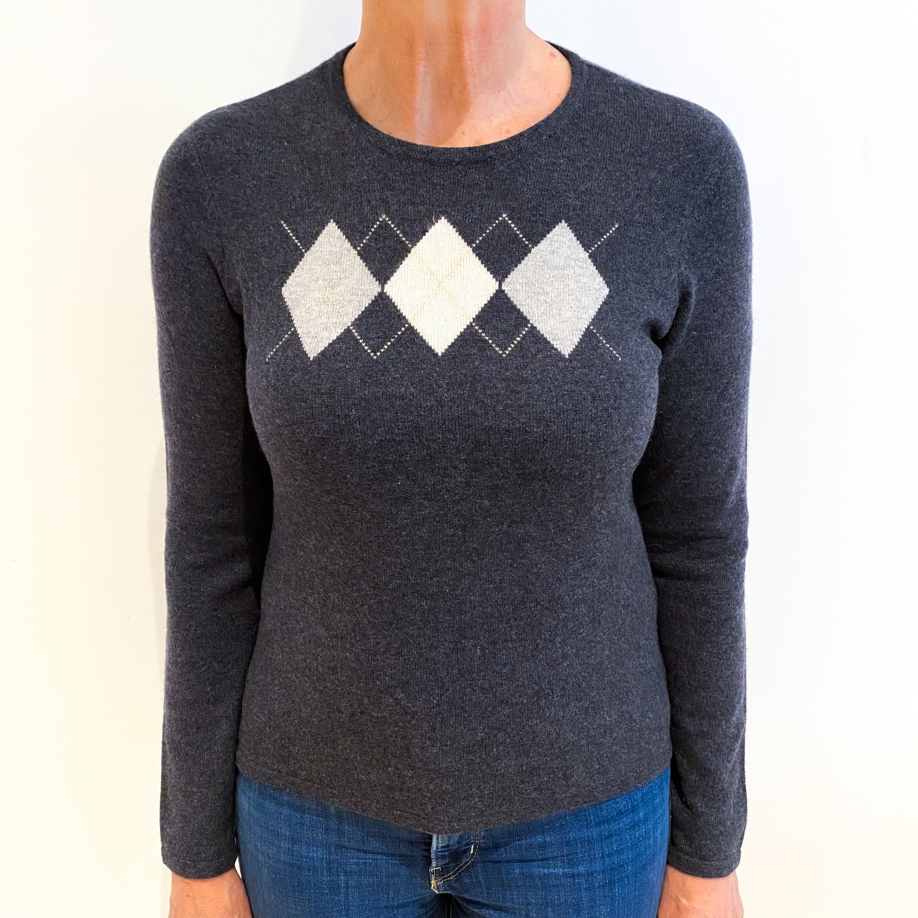 Slate Grey Diamond Cashmere Crew Neck Jumper Medium Petite