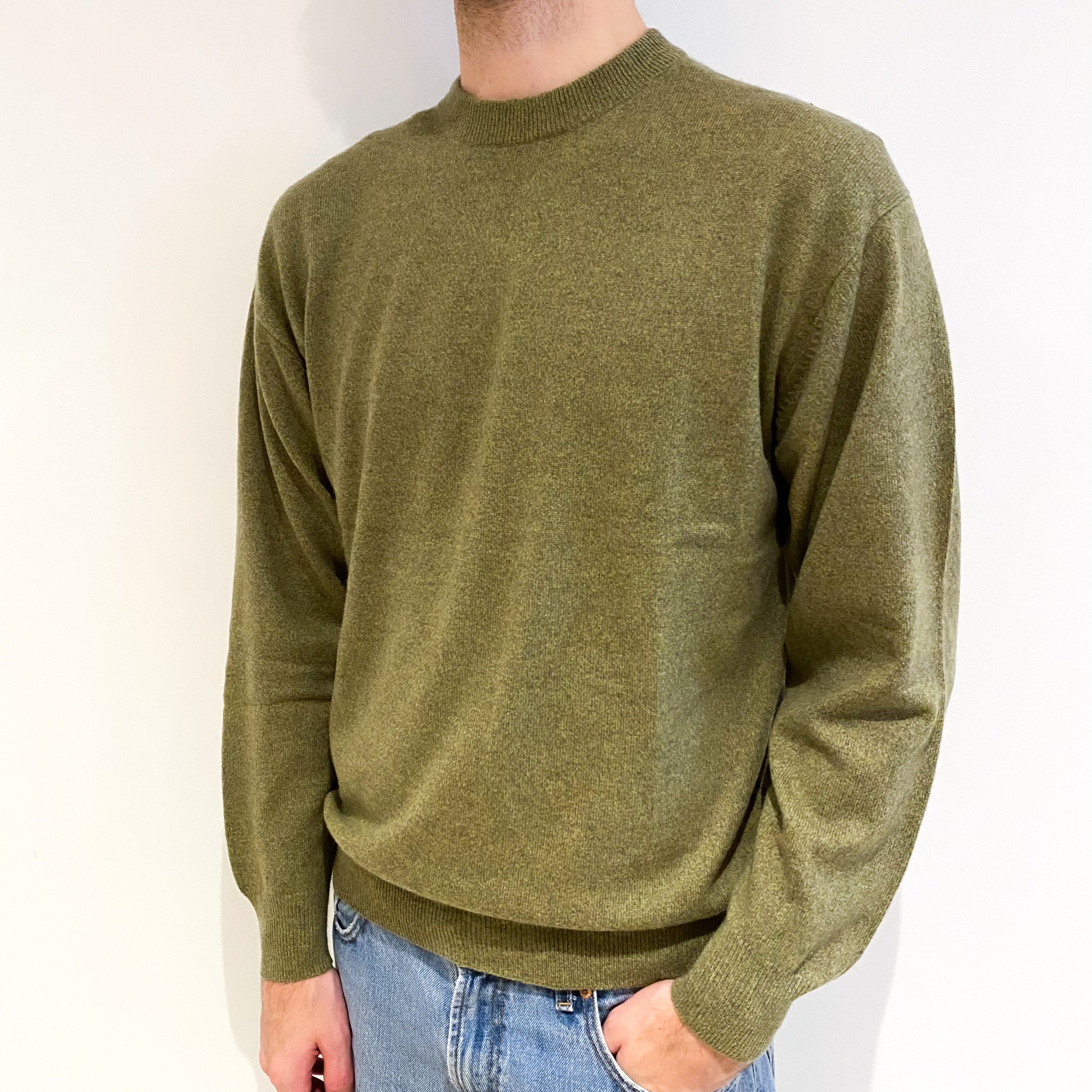 Men's Pistachio Green Marl Cashmere Crew Neck Jumper Large
