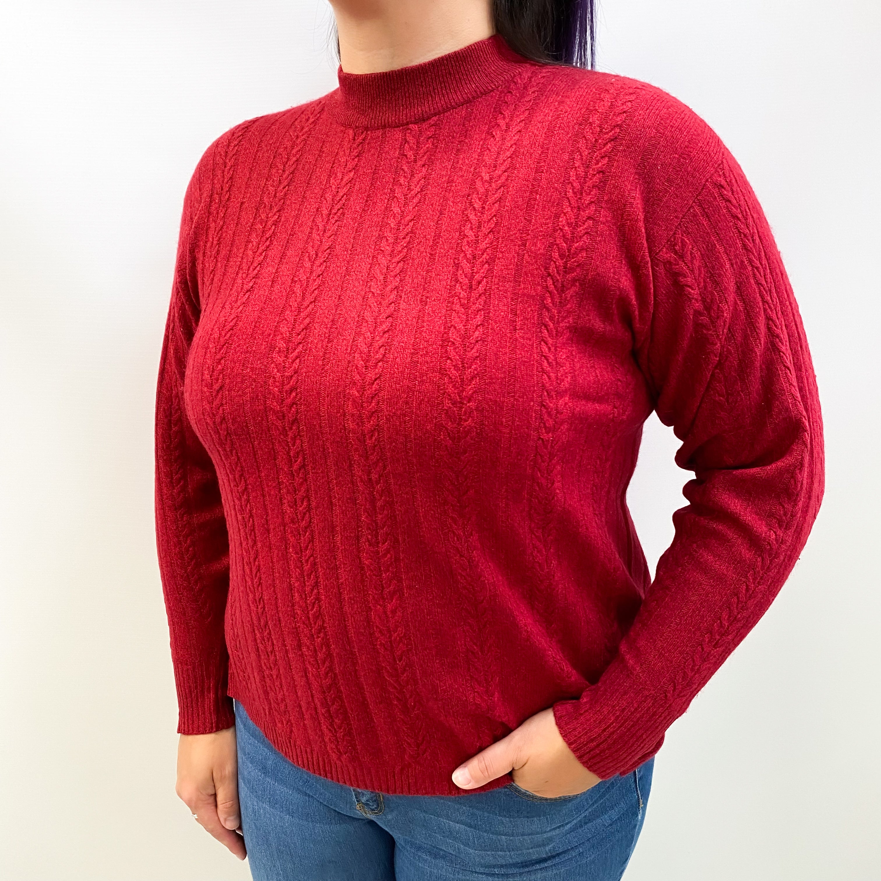 Garnet Red Cashmere Polo Neck Cable Knit Jumper Large