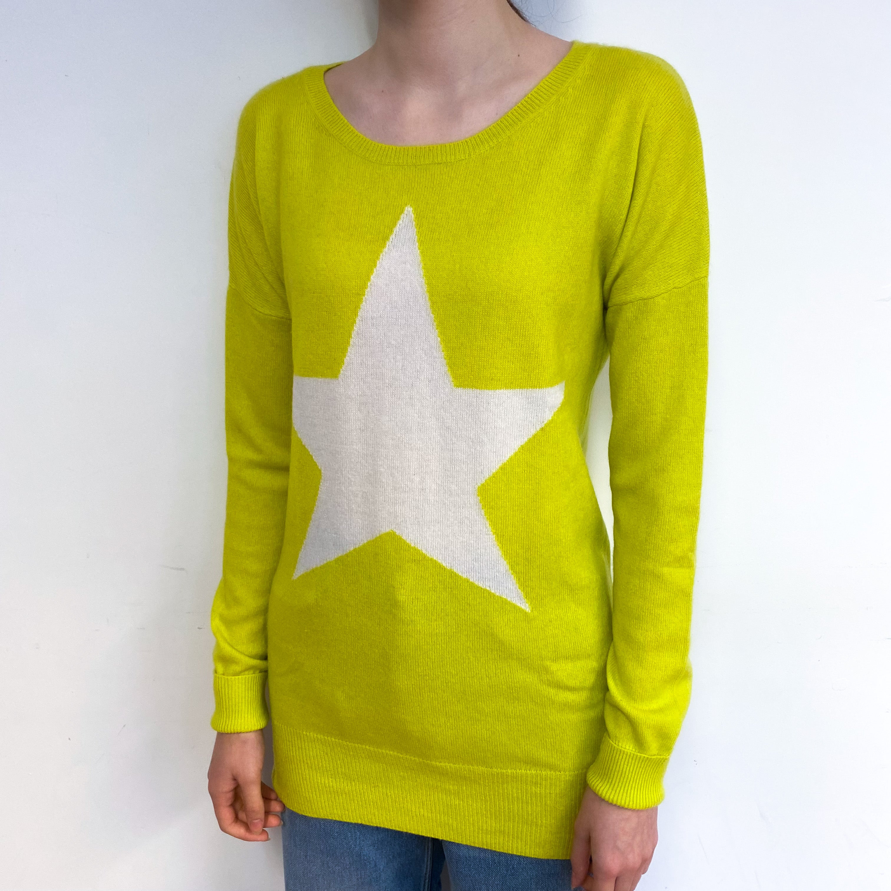 Chartreuse Yellow Star Cashmere Crew Neck Jumper Extra Small