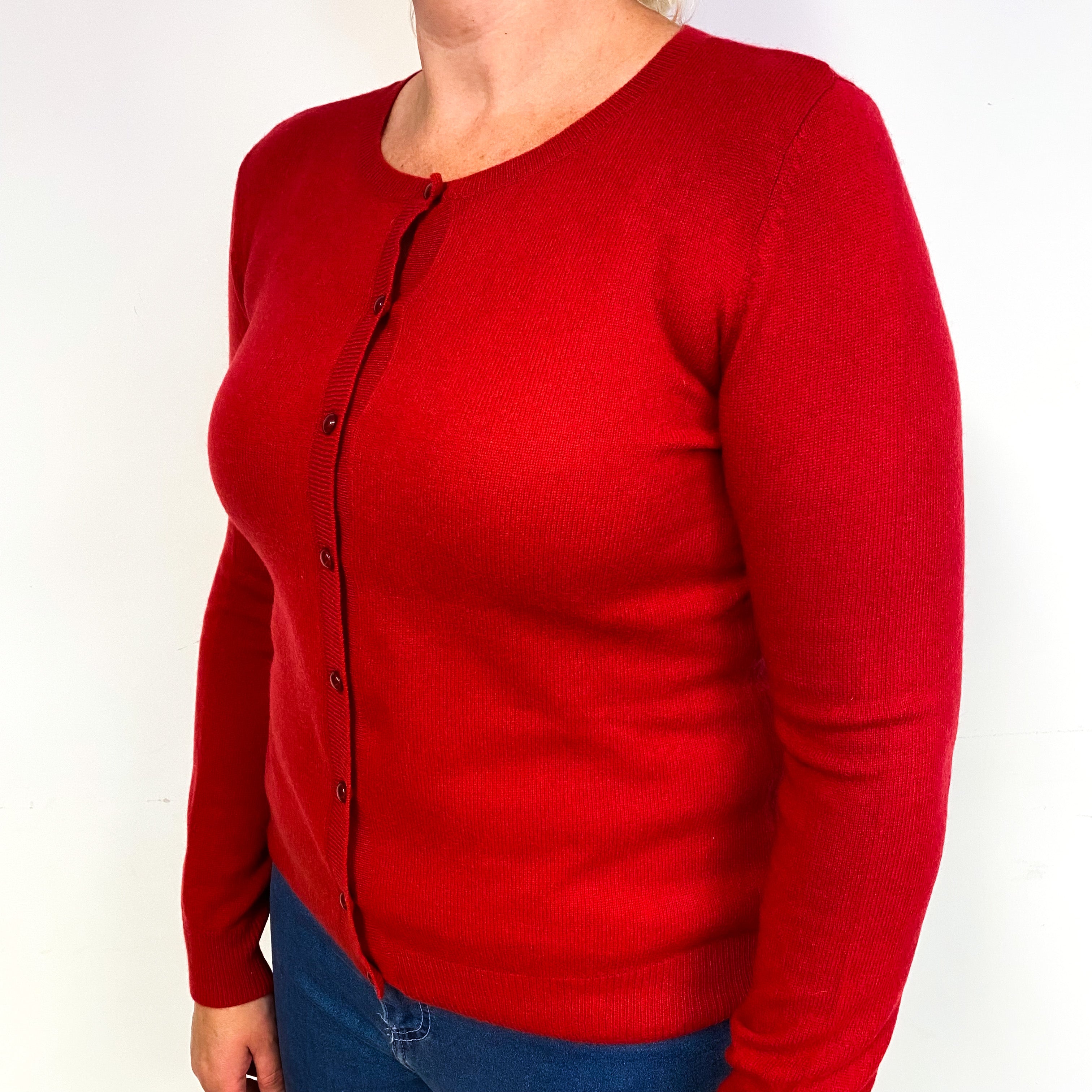 Post Box Red Cashmere Crew Neck Cardigan Large