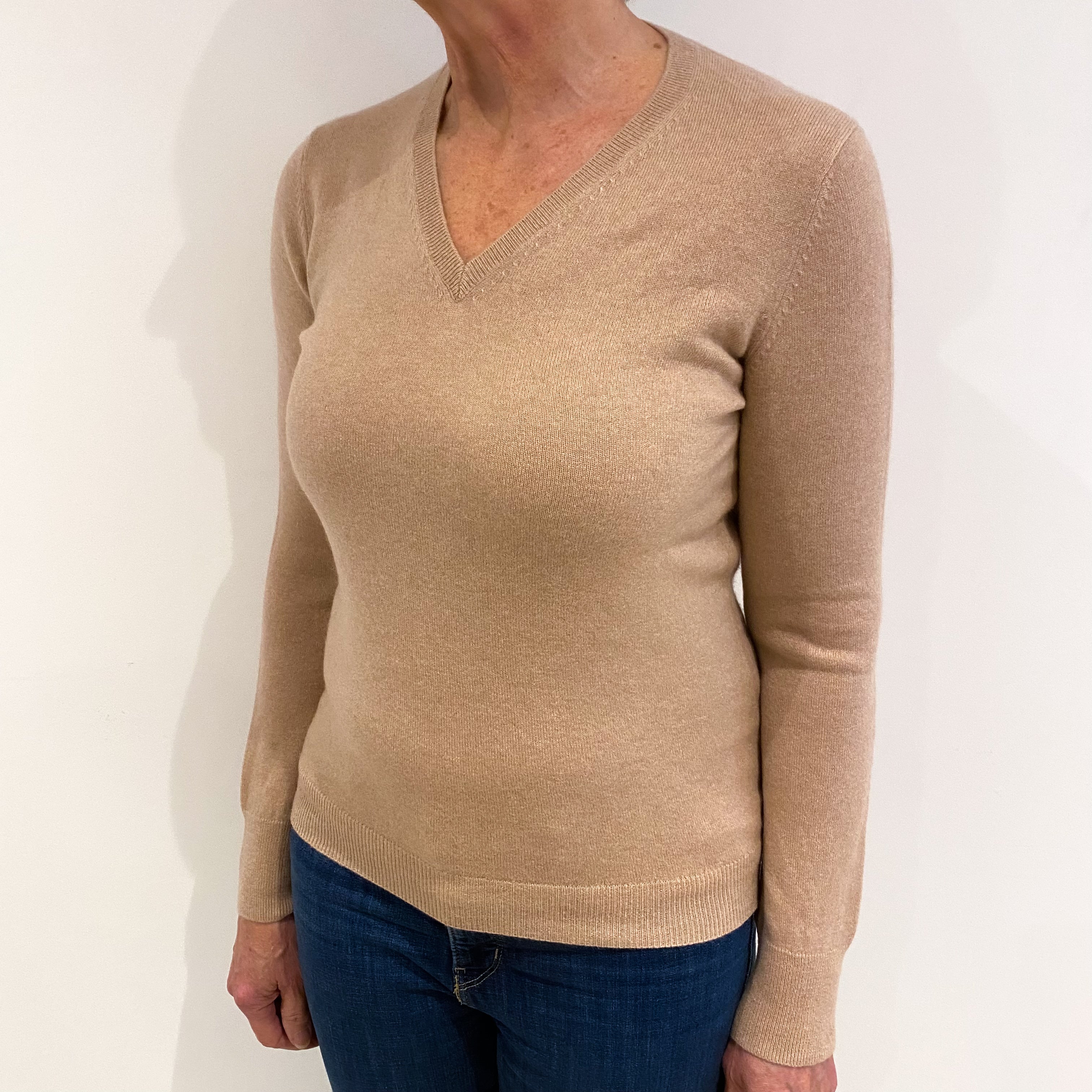 Nude Beige Cashmere V Neck Jumper Medium
