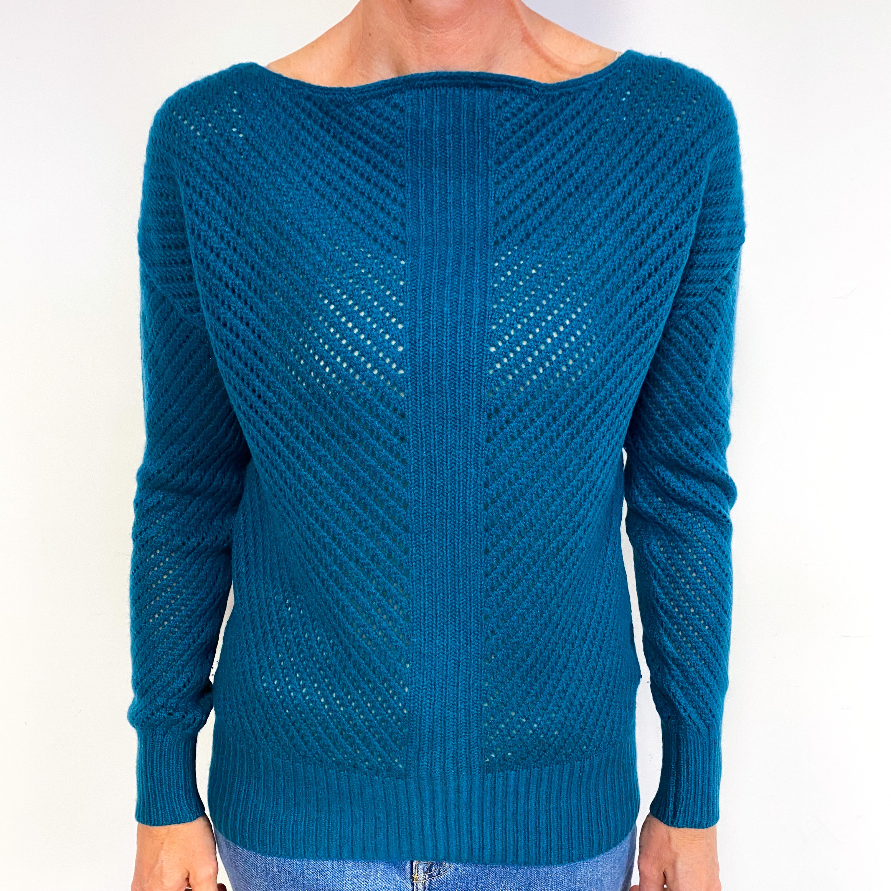 Teal Green Lace Knit Cashmere Boat Neck Jumper Medium
