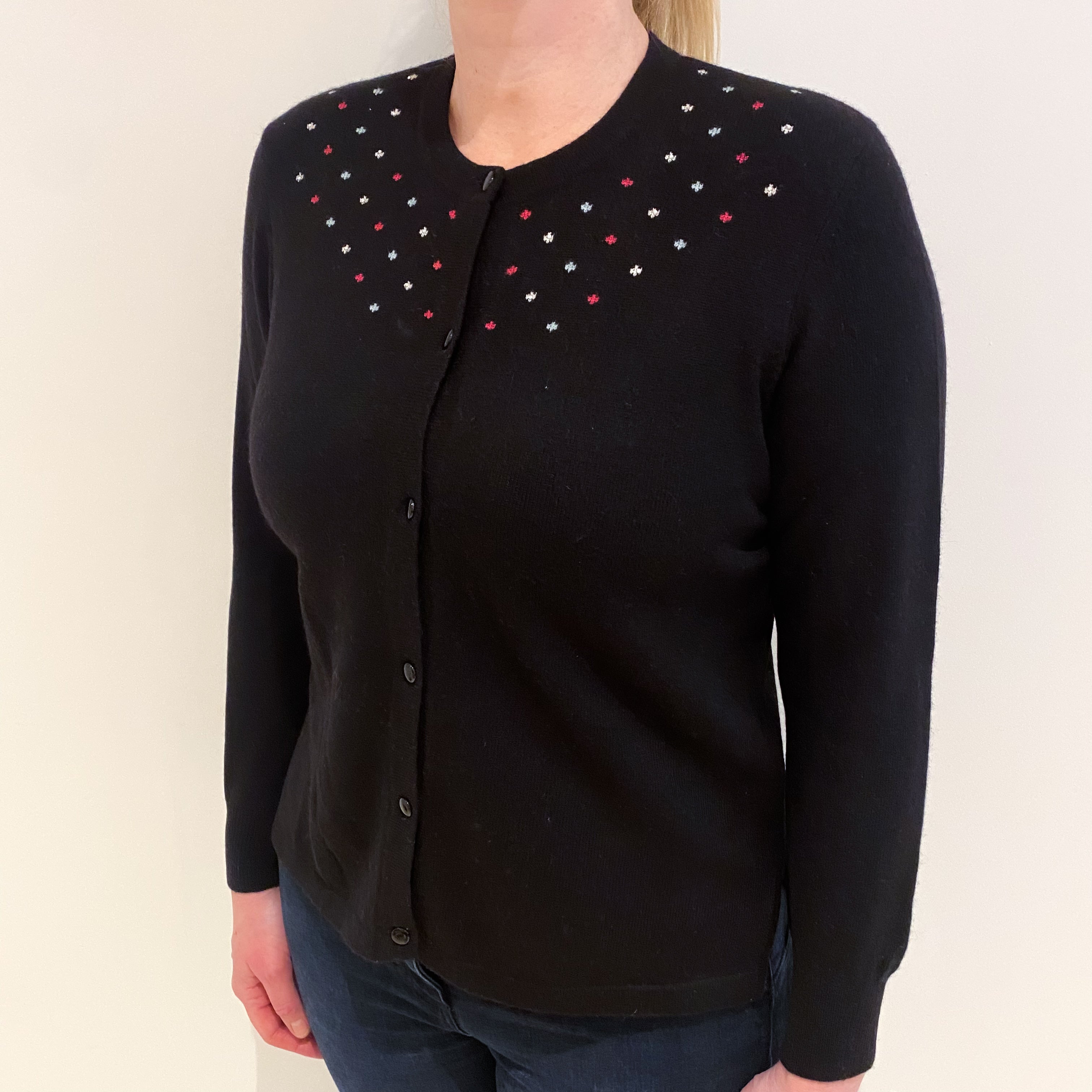 Black With Spot Pattern Cashmere Crew Neck Cardigan Large