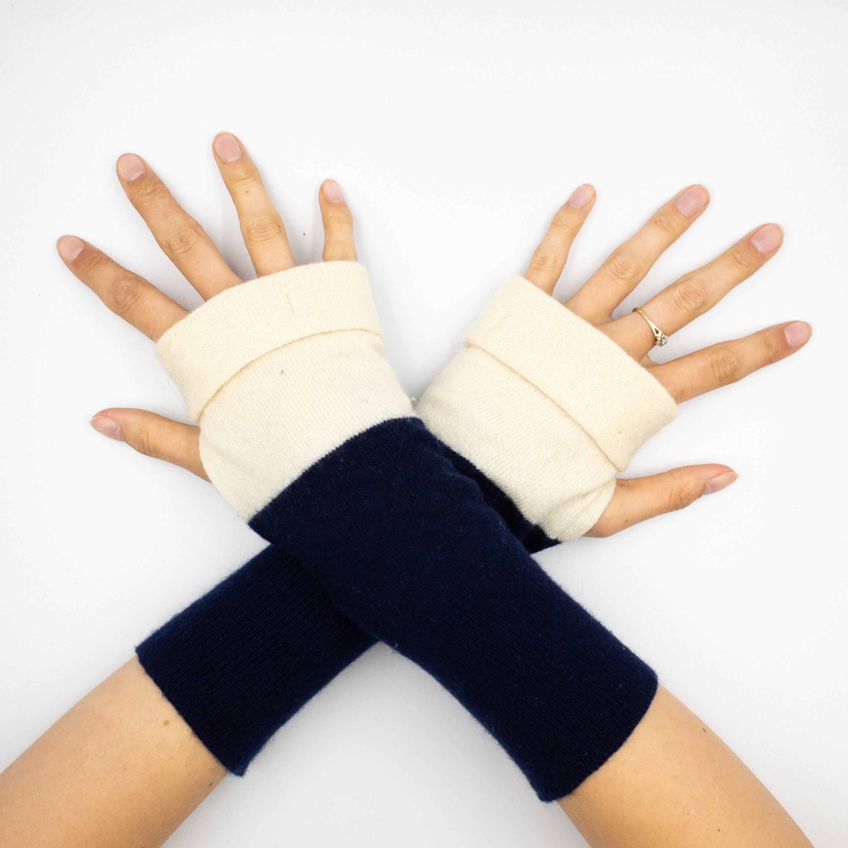Navy and Cream Fingerless Gloves