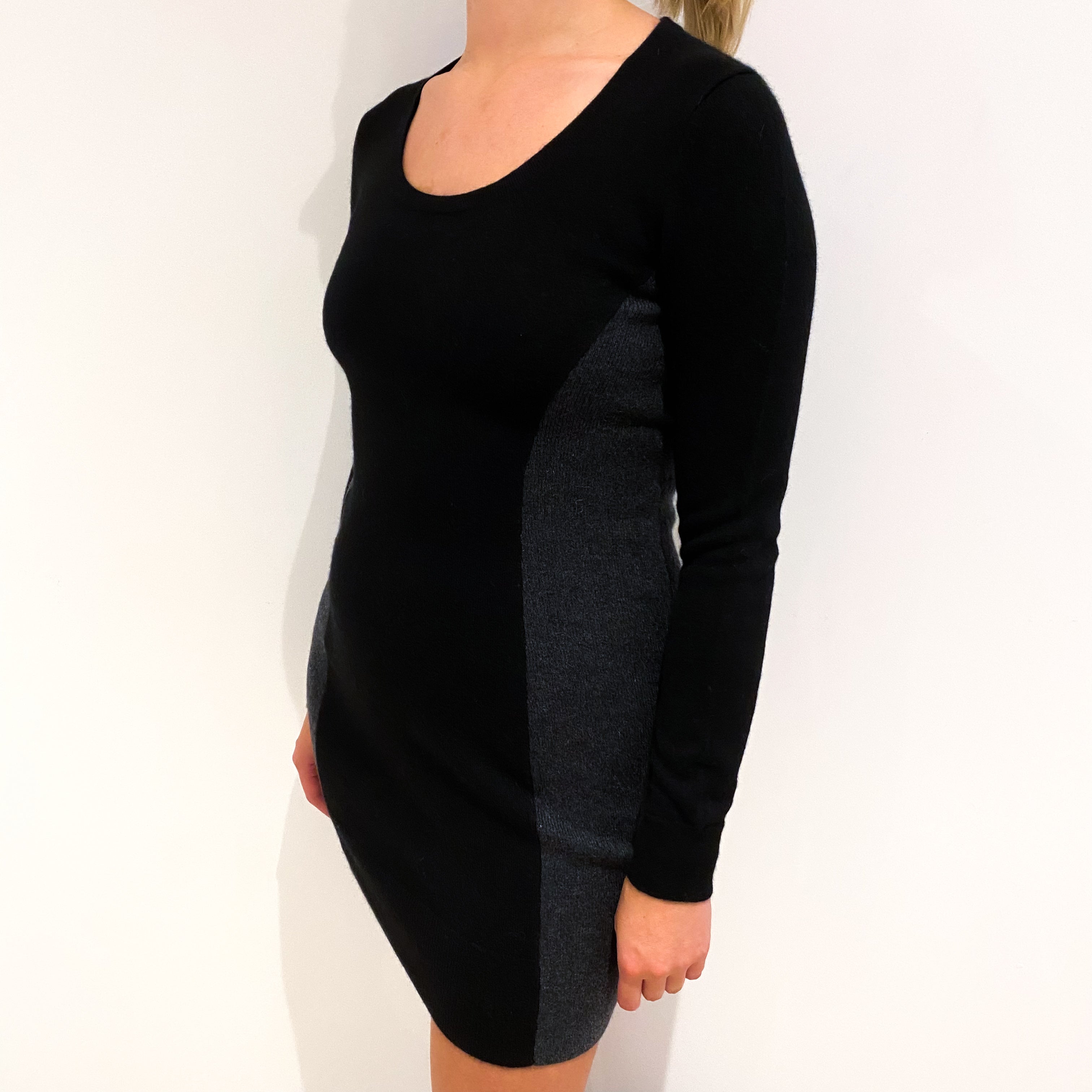 Black and Slate Grey Cashmere Scoop Neck Dress Small