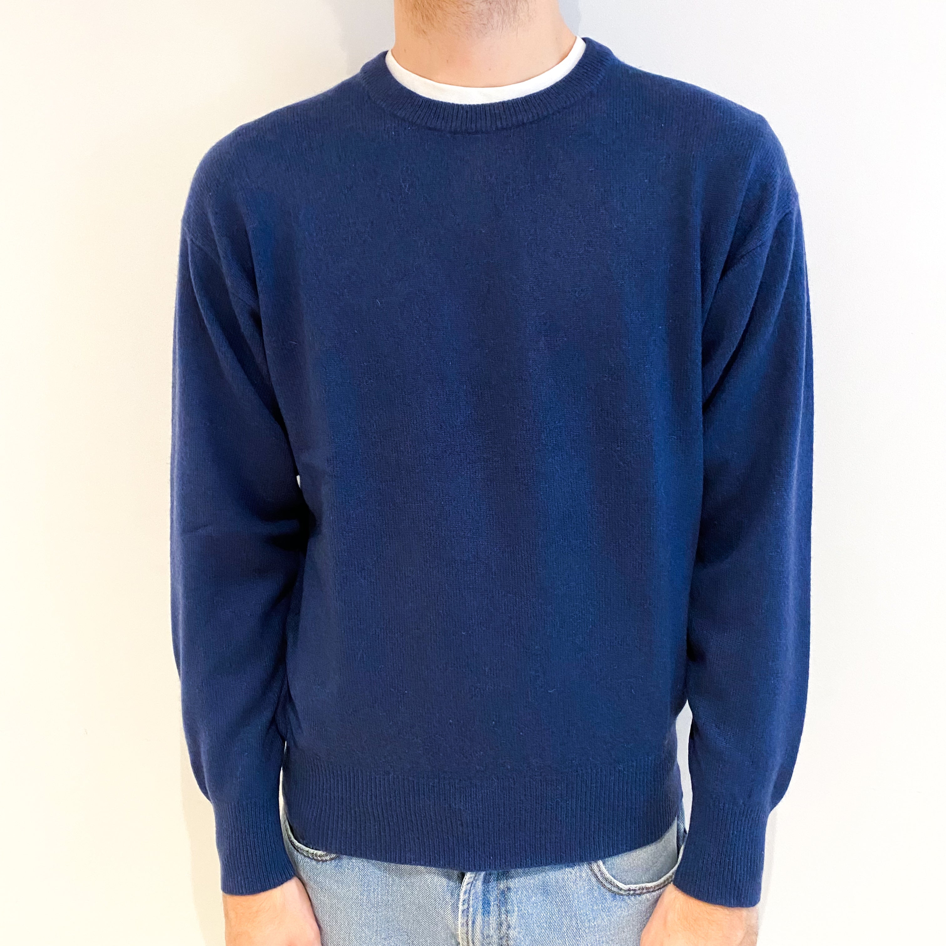 Men's Naval Blue Cashmere Crew Neck Jumper Large