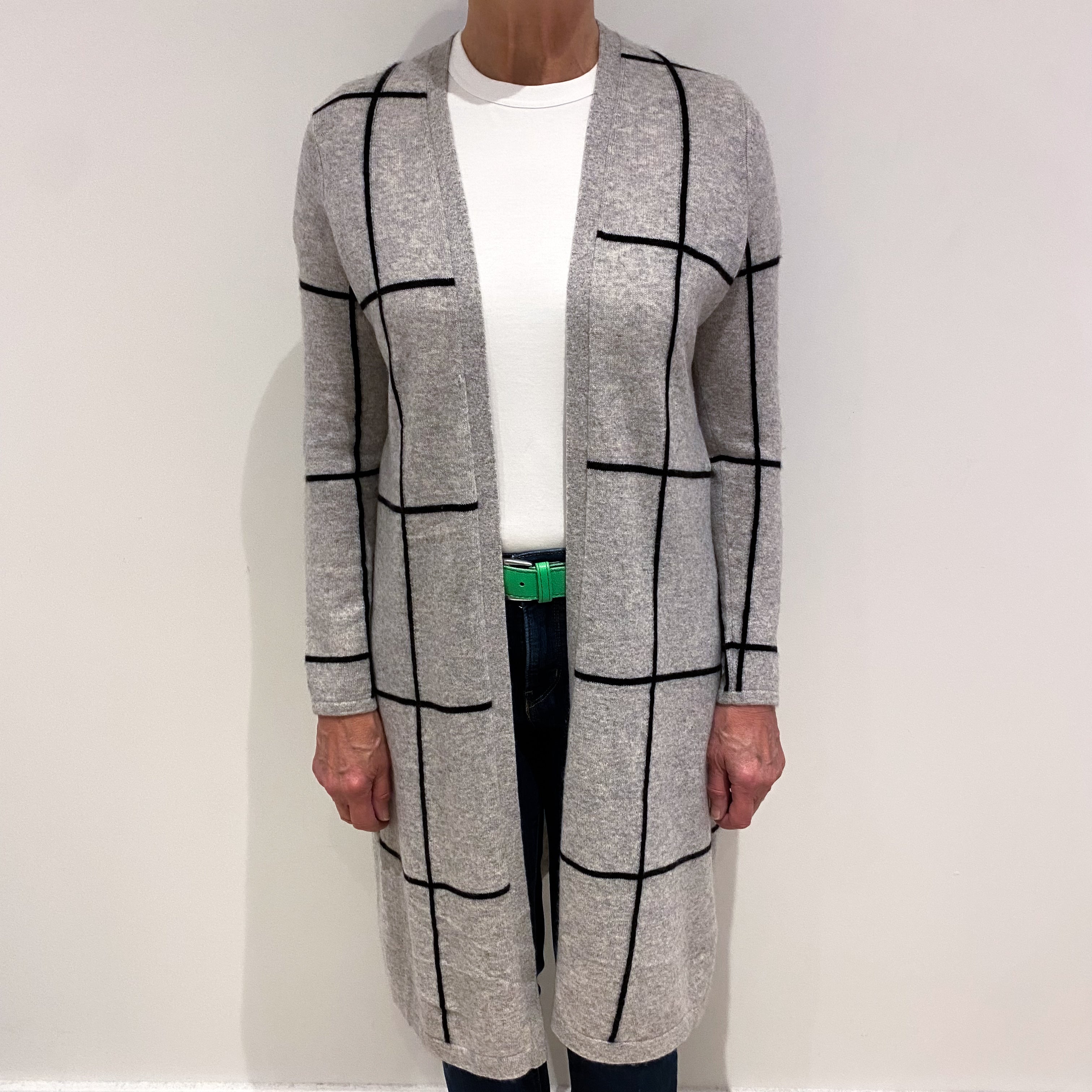 Smoke Grey and Black Cashmere Edge to Edge Checked Cardigan Medium