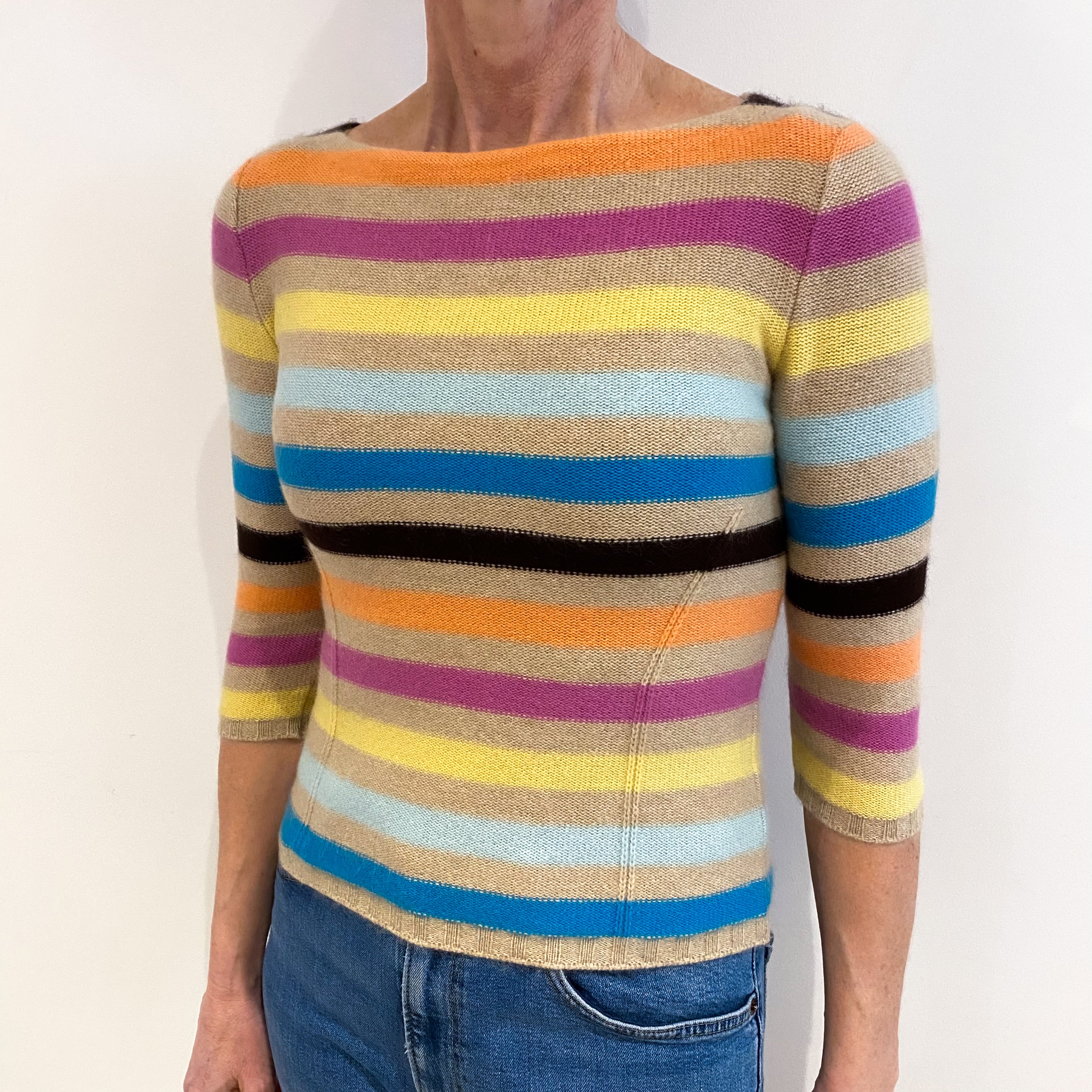 Beige Colourful Stripe Cashmere Boat Neck Jumper Small