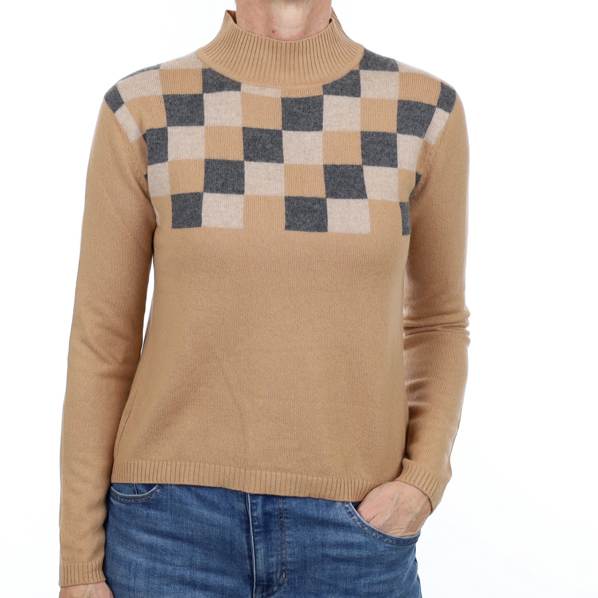 Butterscotch Checked Cashmere Turtle Neck Jumper Small