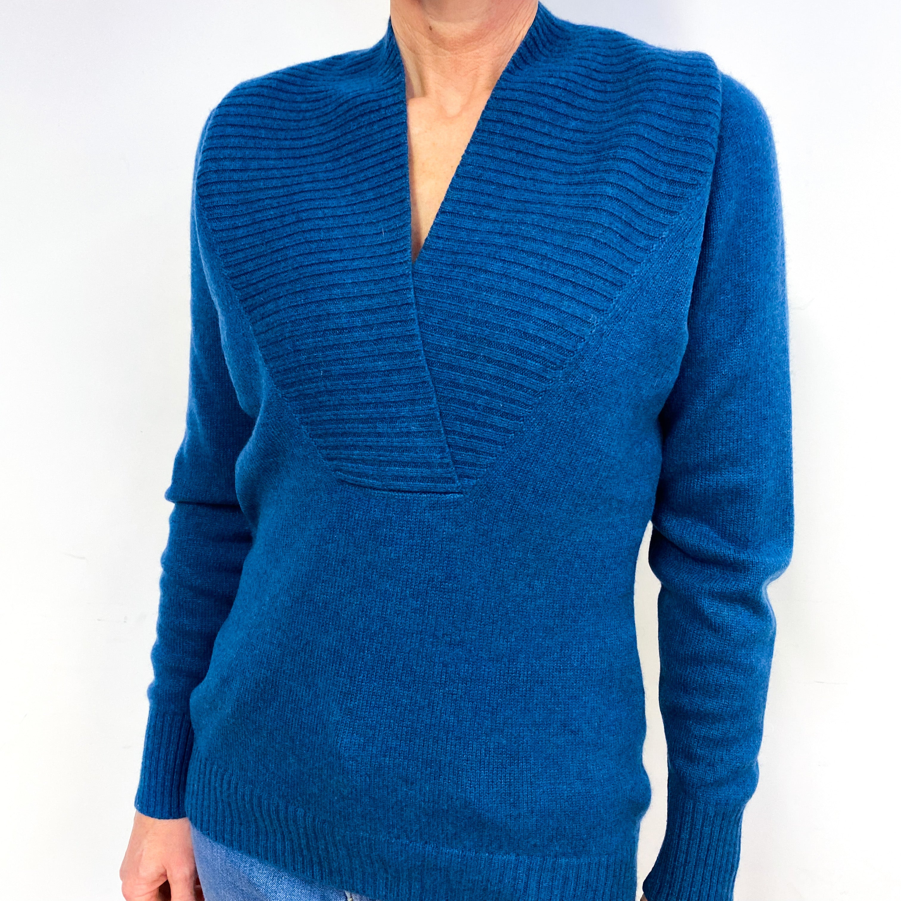 Petrol Blue Cashmere V-Neck Jumper Medium