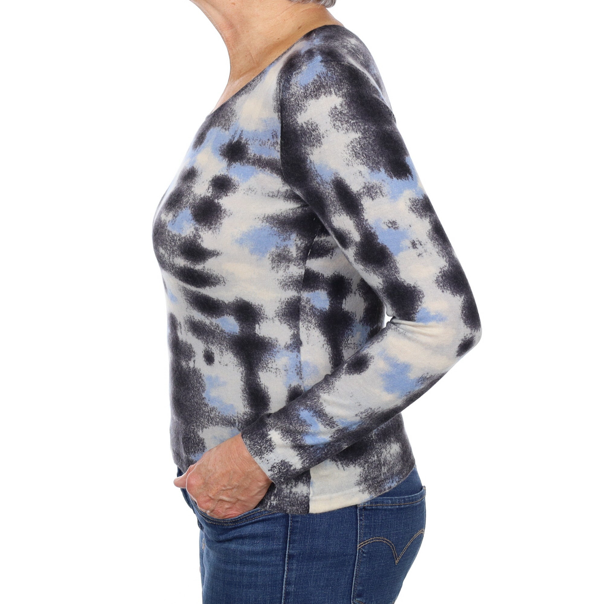 Charcoal and Blue Patterned Cashmere Crew Neck Jumper Medium