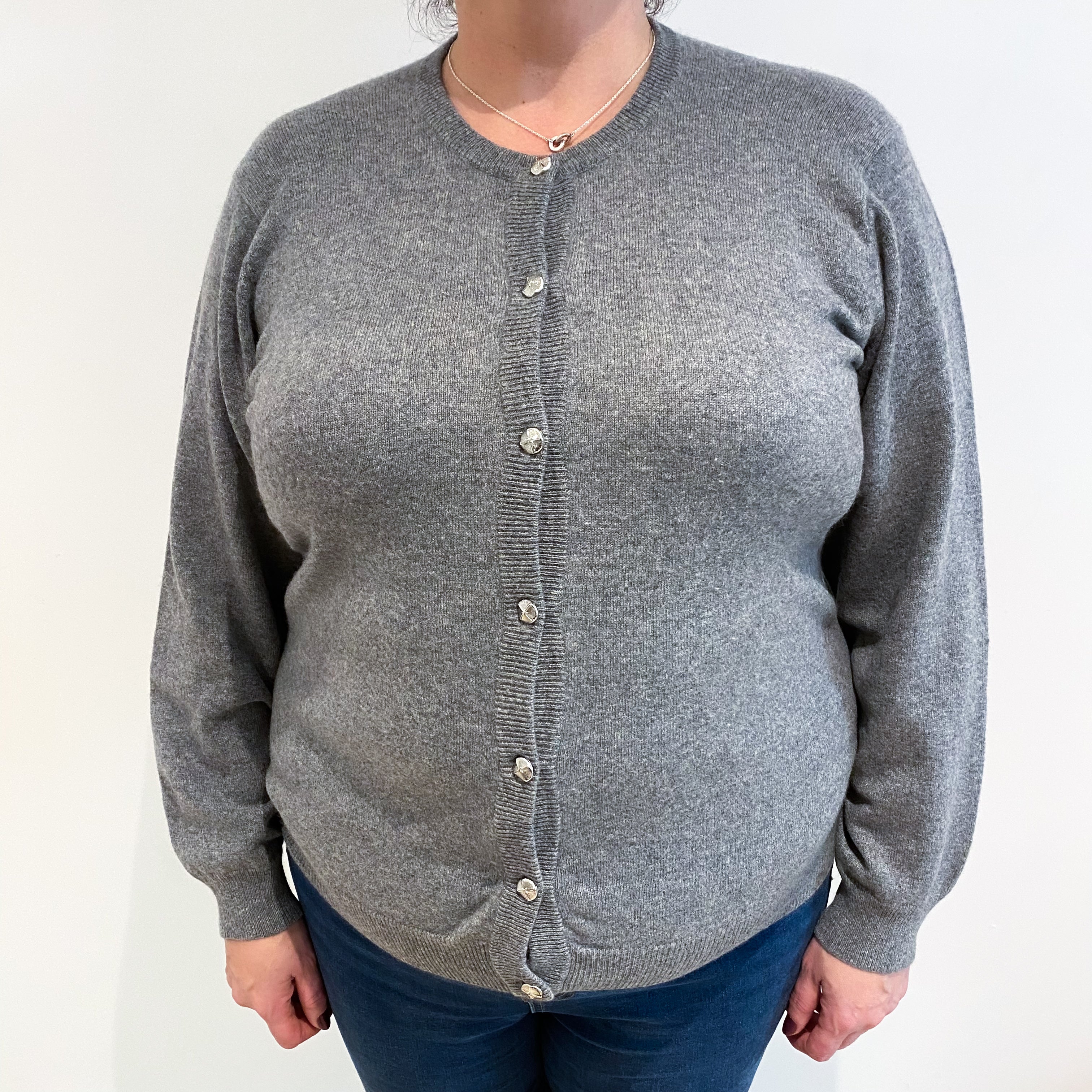 Ash Grey Cashmere Crew Neck Cardigan Extra Large