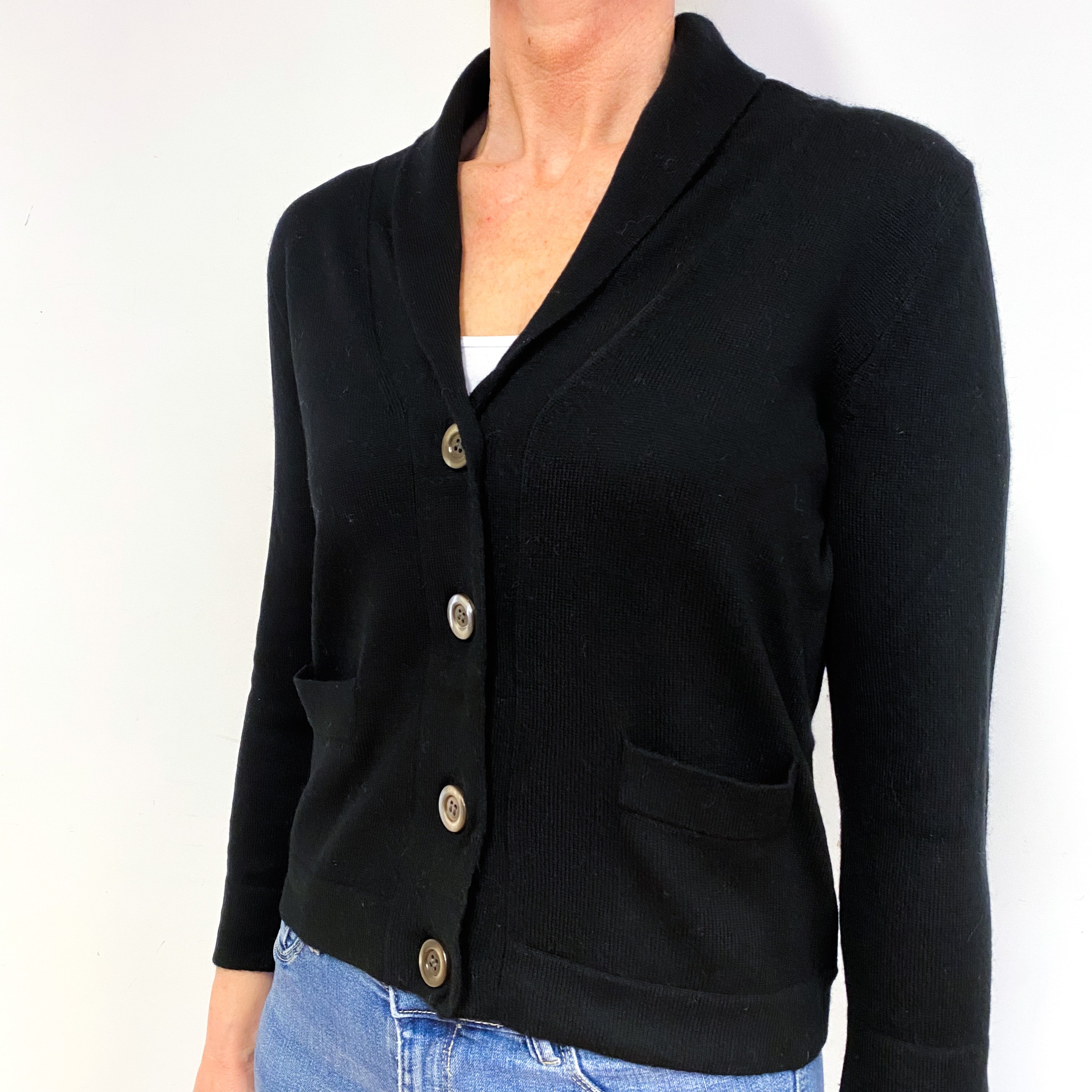 Black Cashmere Collared V-Neck Cardigan with Pockets Medium