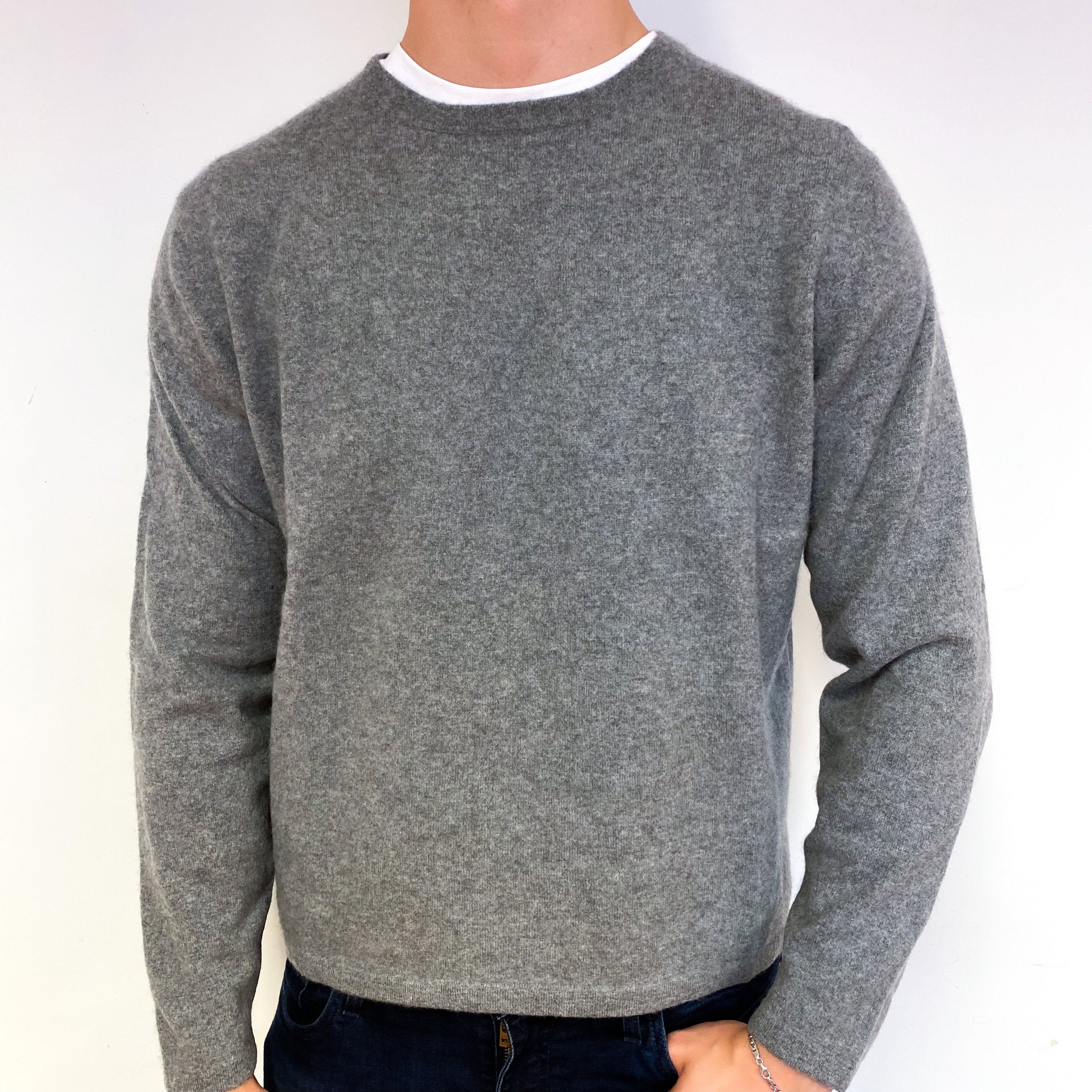 Men's Steel Grey Cashmere Crew Neck Jumper Extra Large