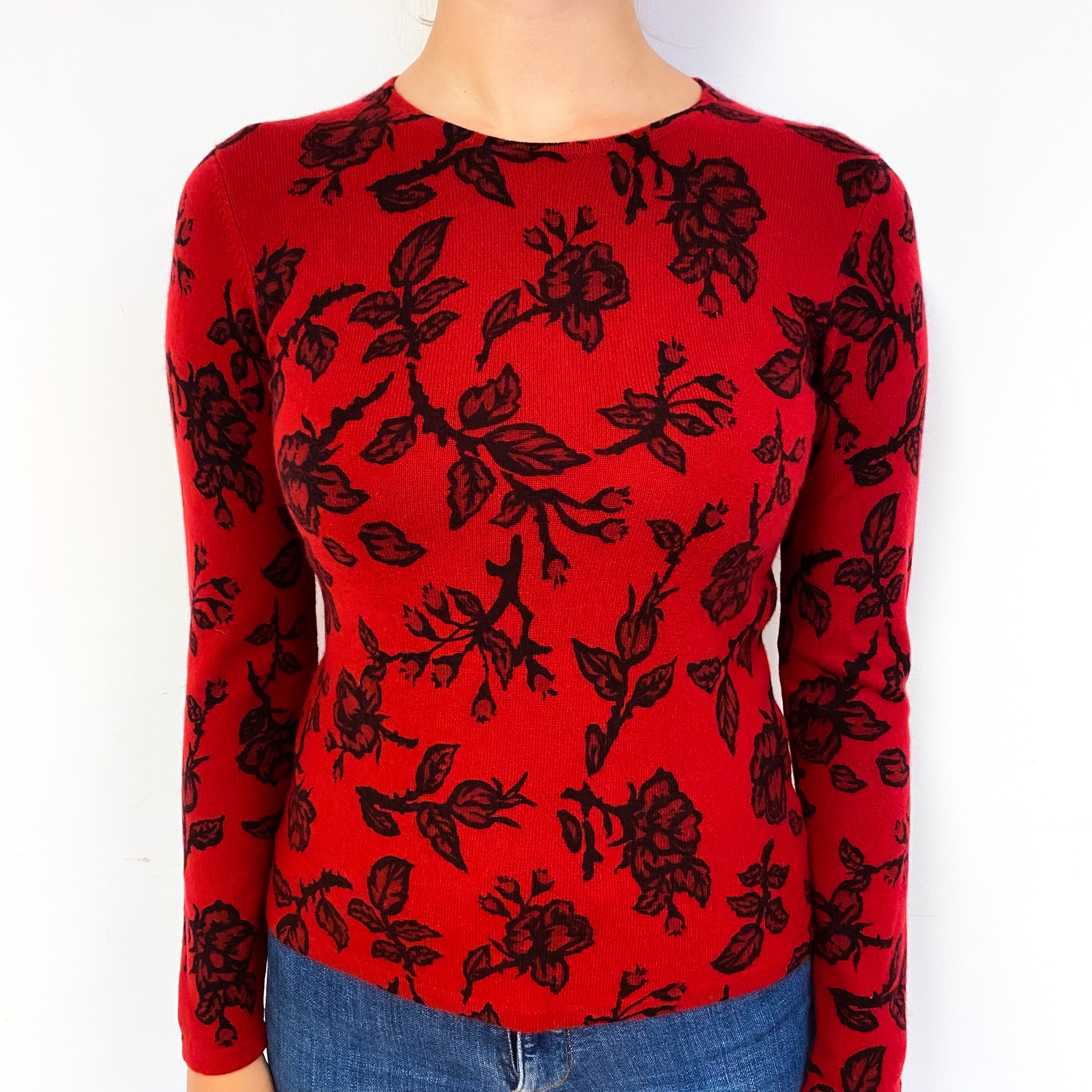 Crimson Red Black Floral Cashmere Crew Neck Jumper Small