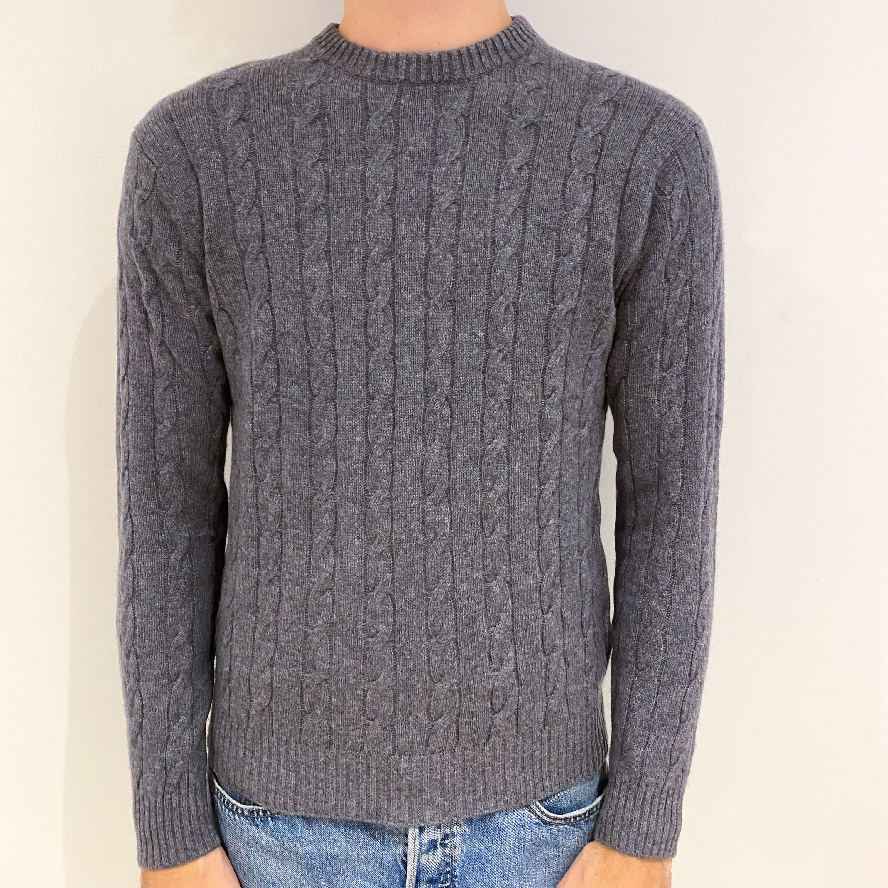 Men's Steel Grey Cable Cashmere Crew Neck Jumper Medium