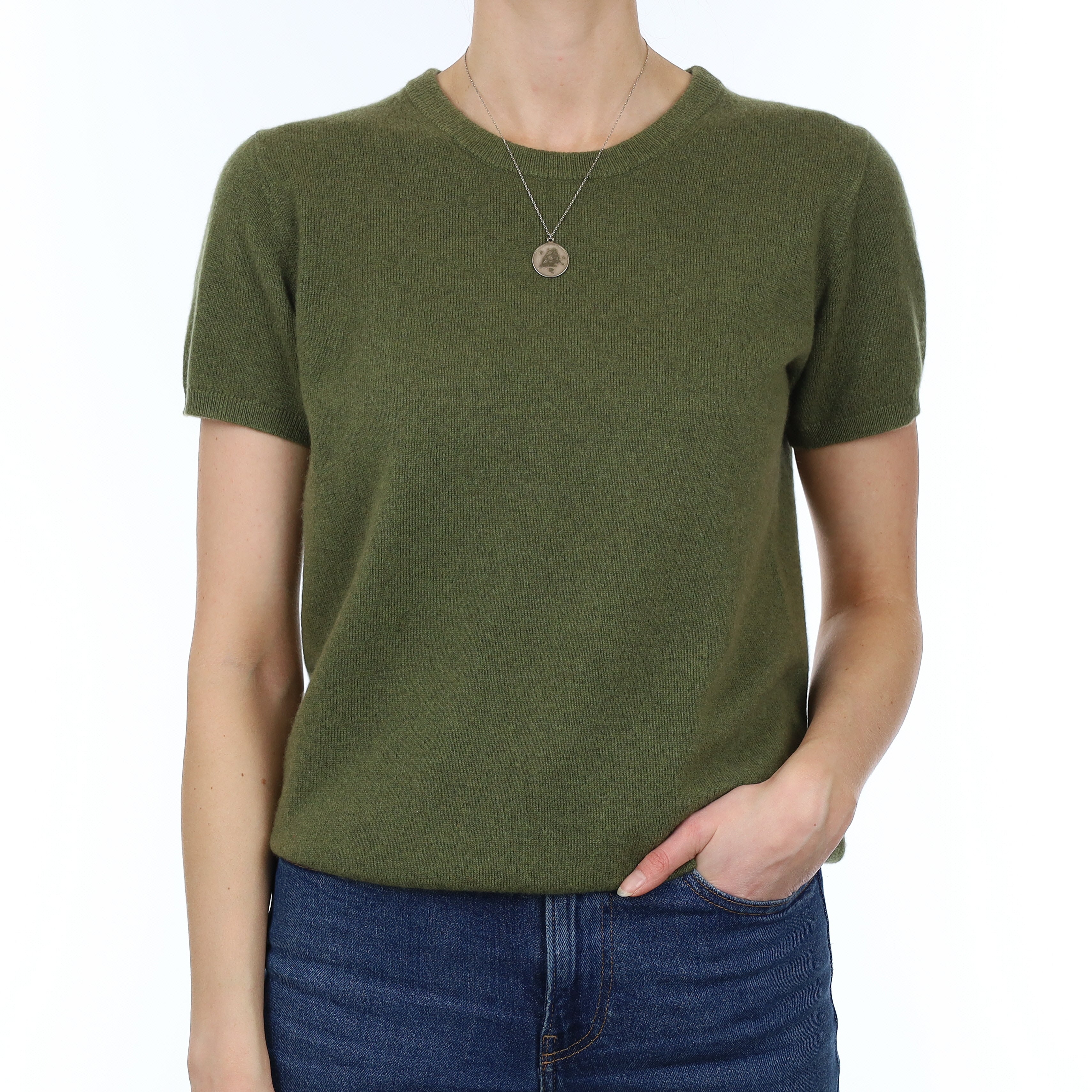 Brand New Olive Green Cashmere Crew Neck T-Shirt Small UK 8-10