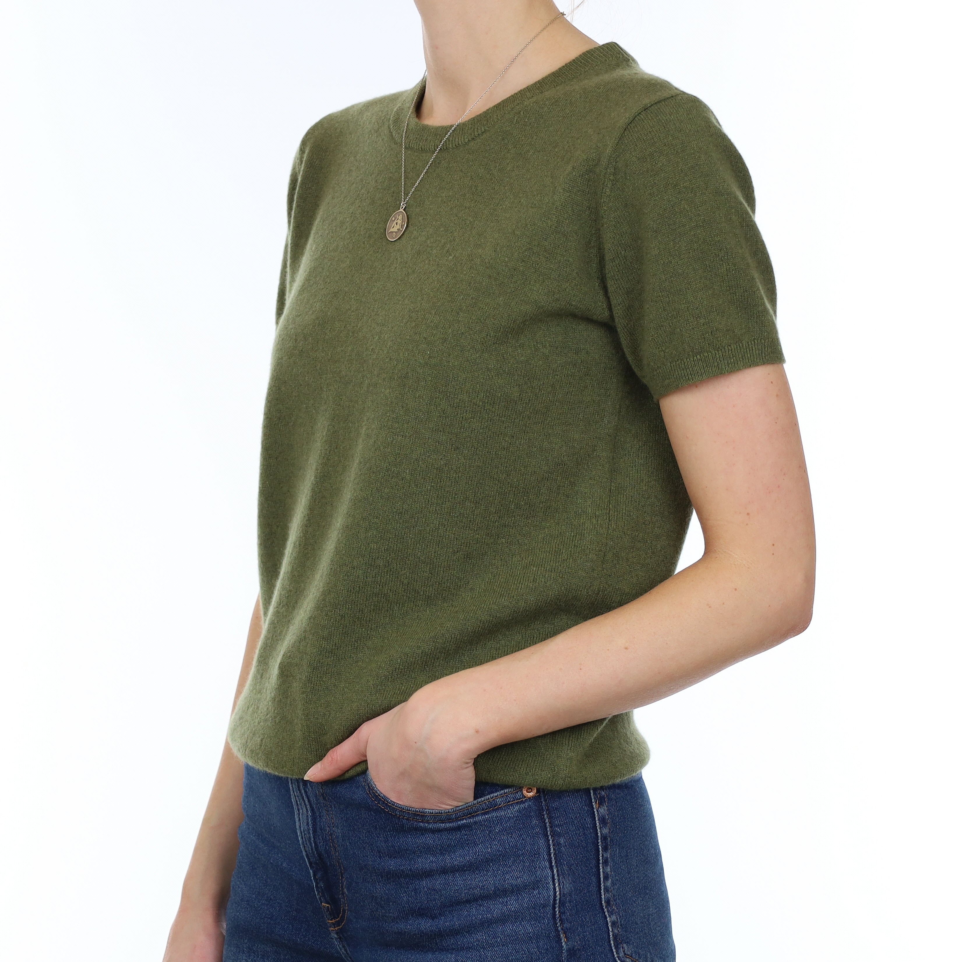 Brand New Olive Green Cashmere Crew Neck T-Shirt Small UK 8-10