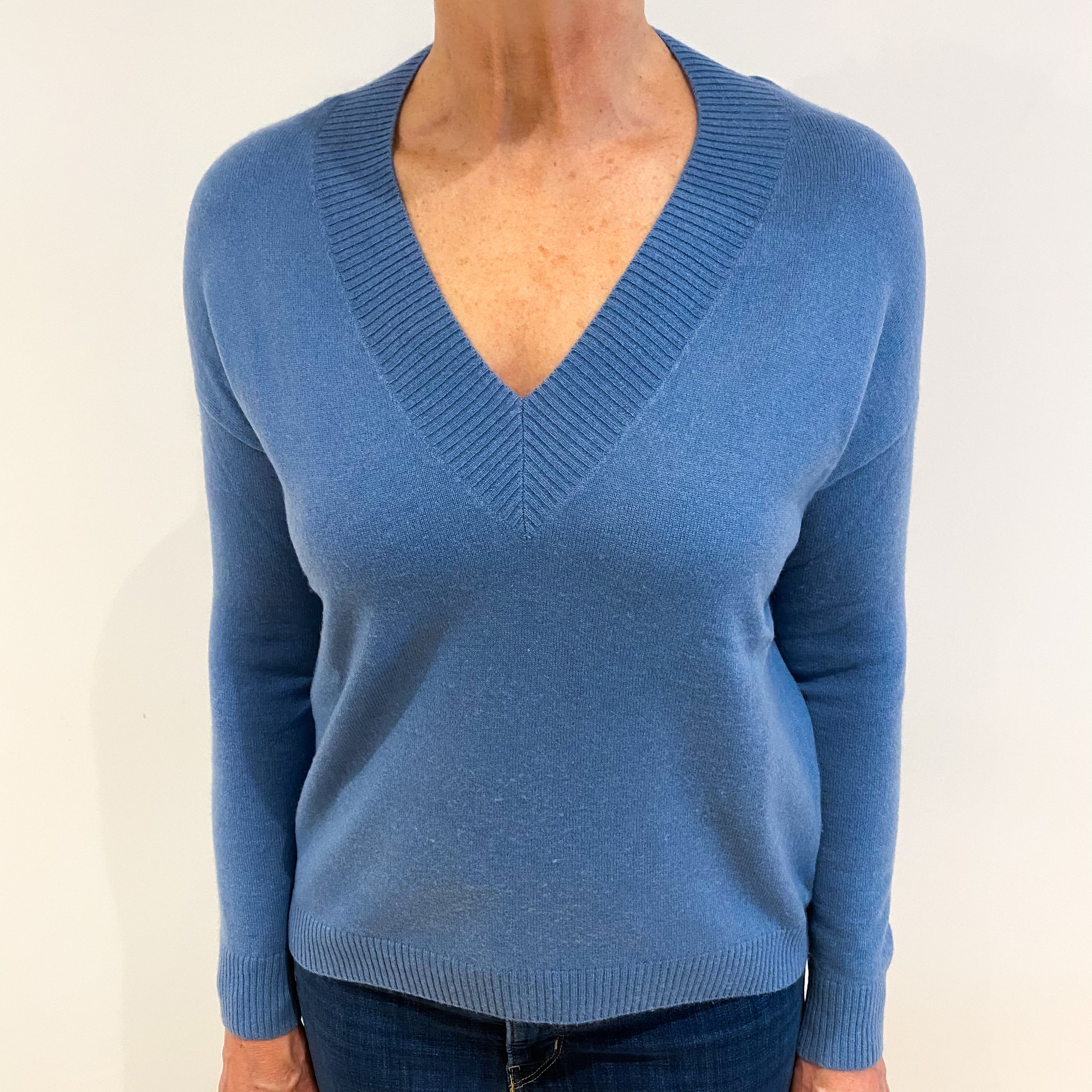 Denim Blue Cashmere V Neck Slouchy Fit Jumper Medium