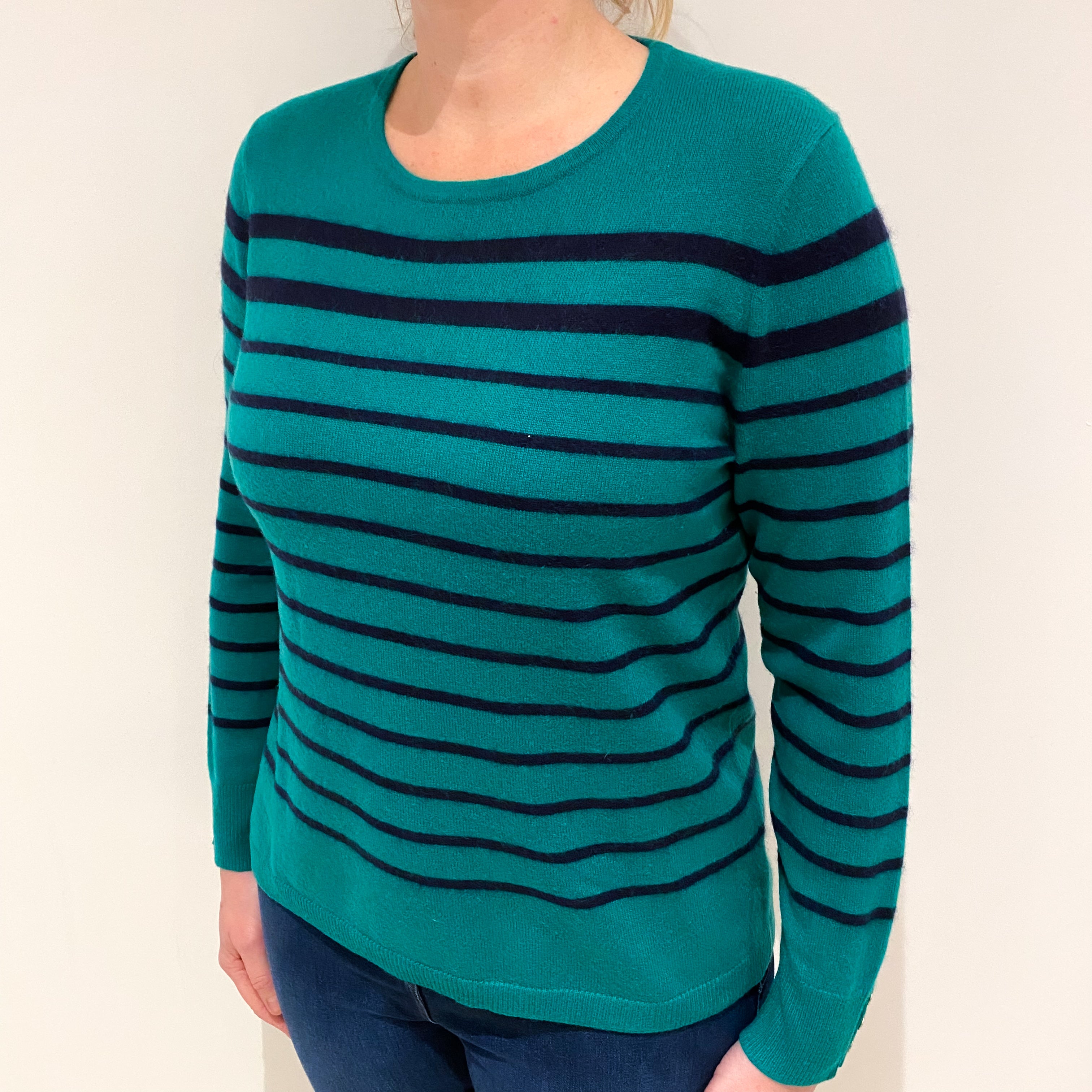 Emerald Green Navy Stripe Cashmere Crew Neck Jumper Large Petite