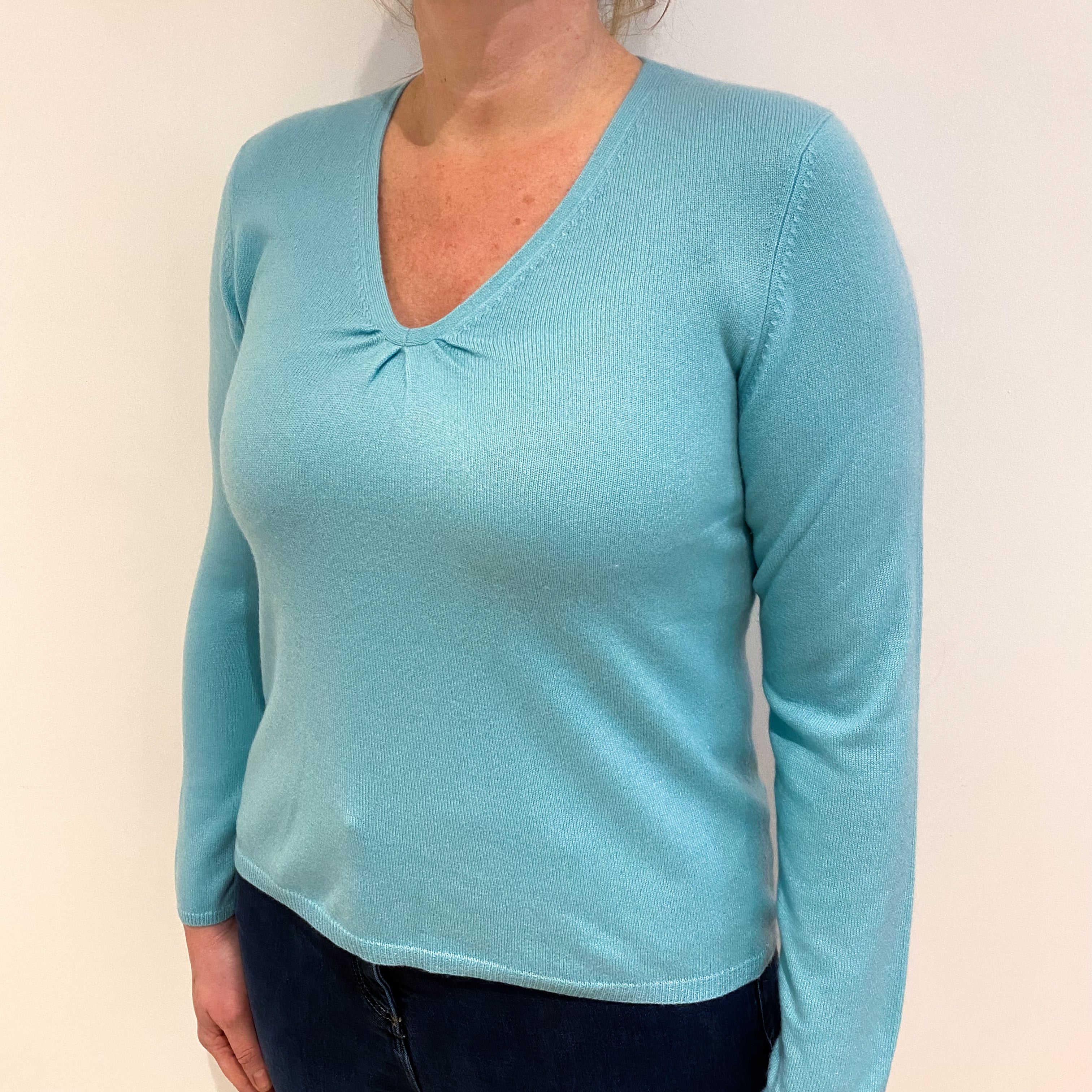 Pale Aqua Blue Cashmere V Neck Jumper Large