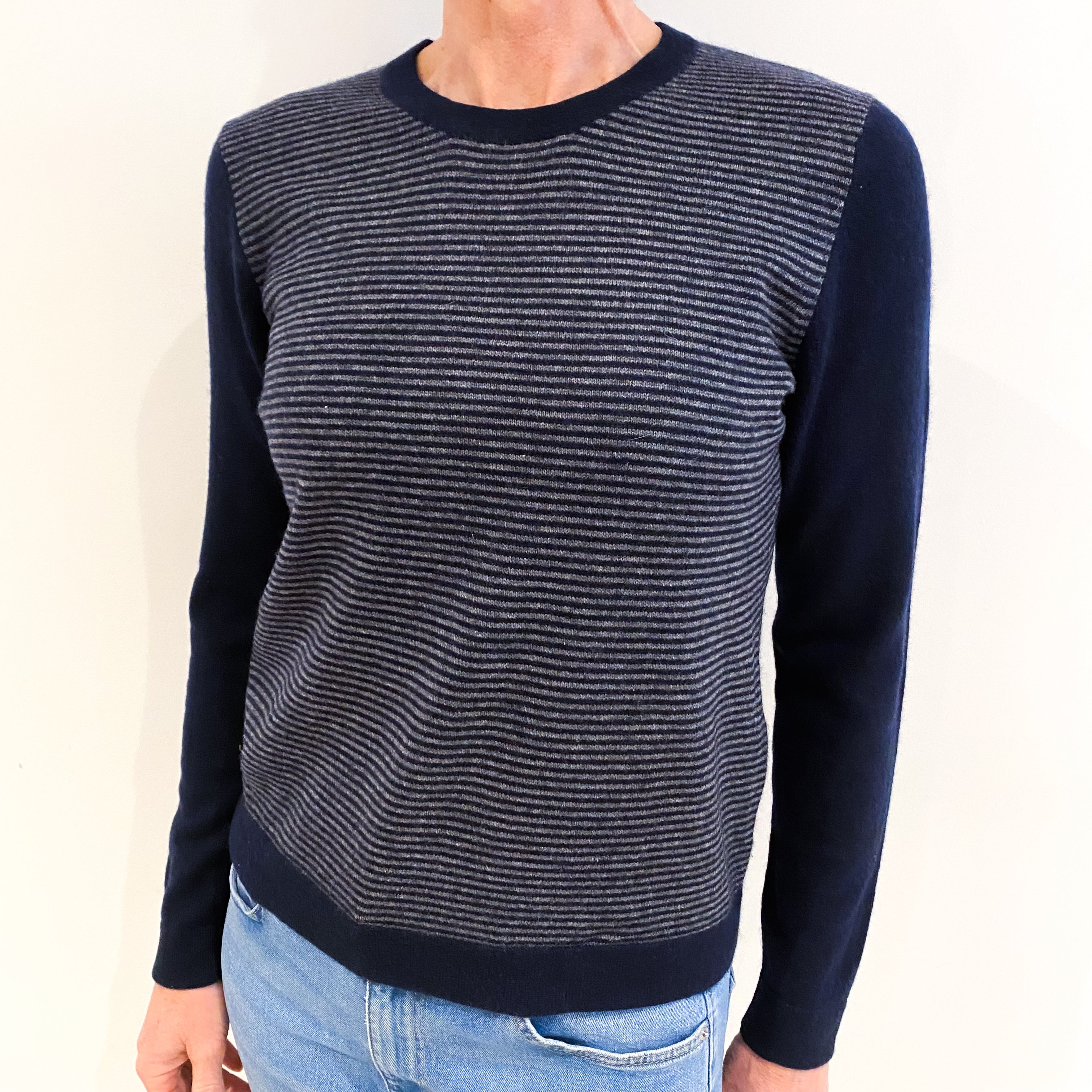 Navy Grey Stripe Cashmere Crew Neck Jumper Small