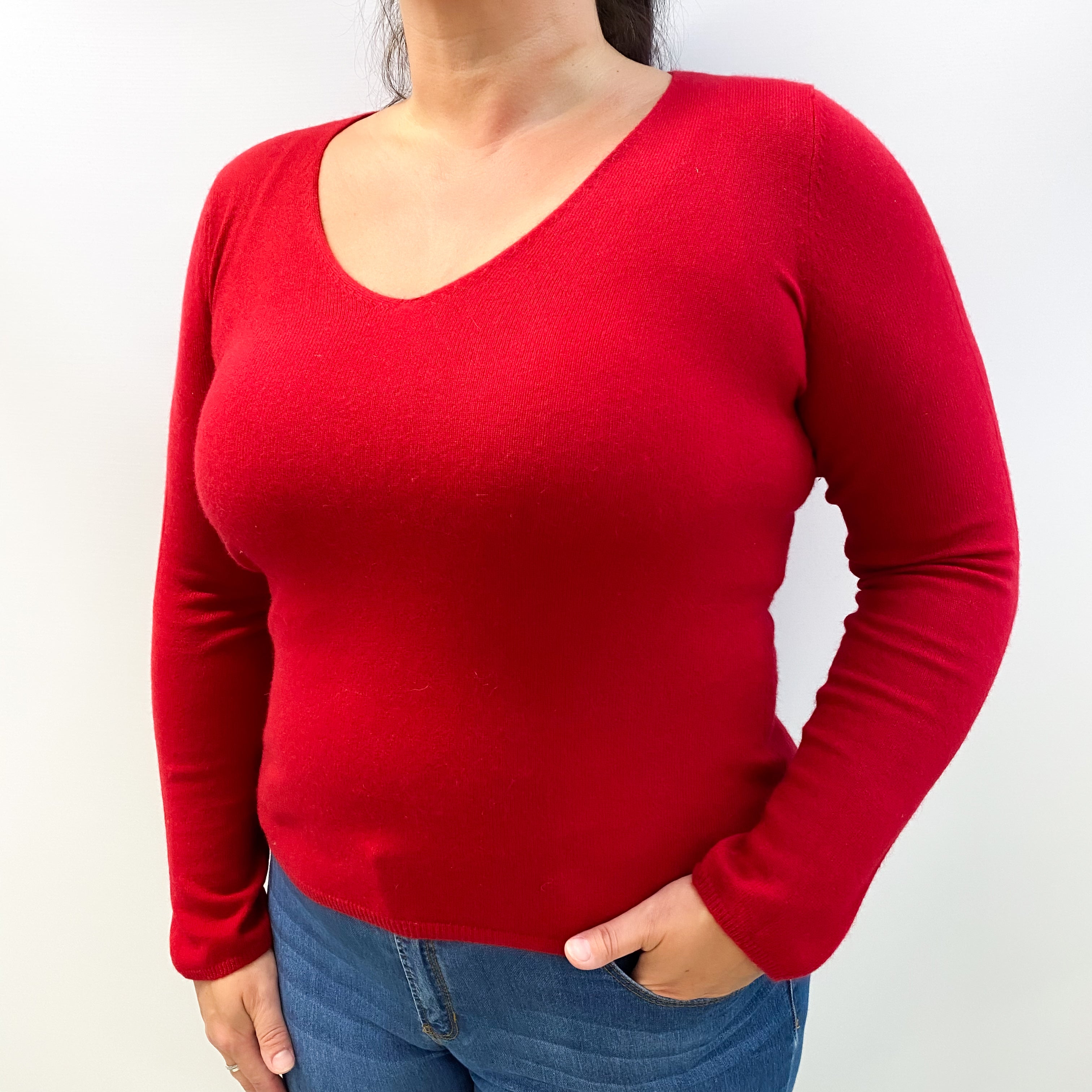 Post Box Red Cashmere V Neck Jumper Large