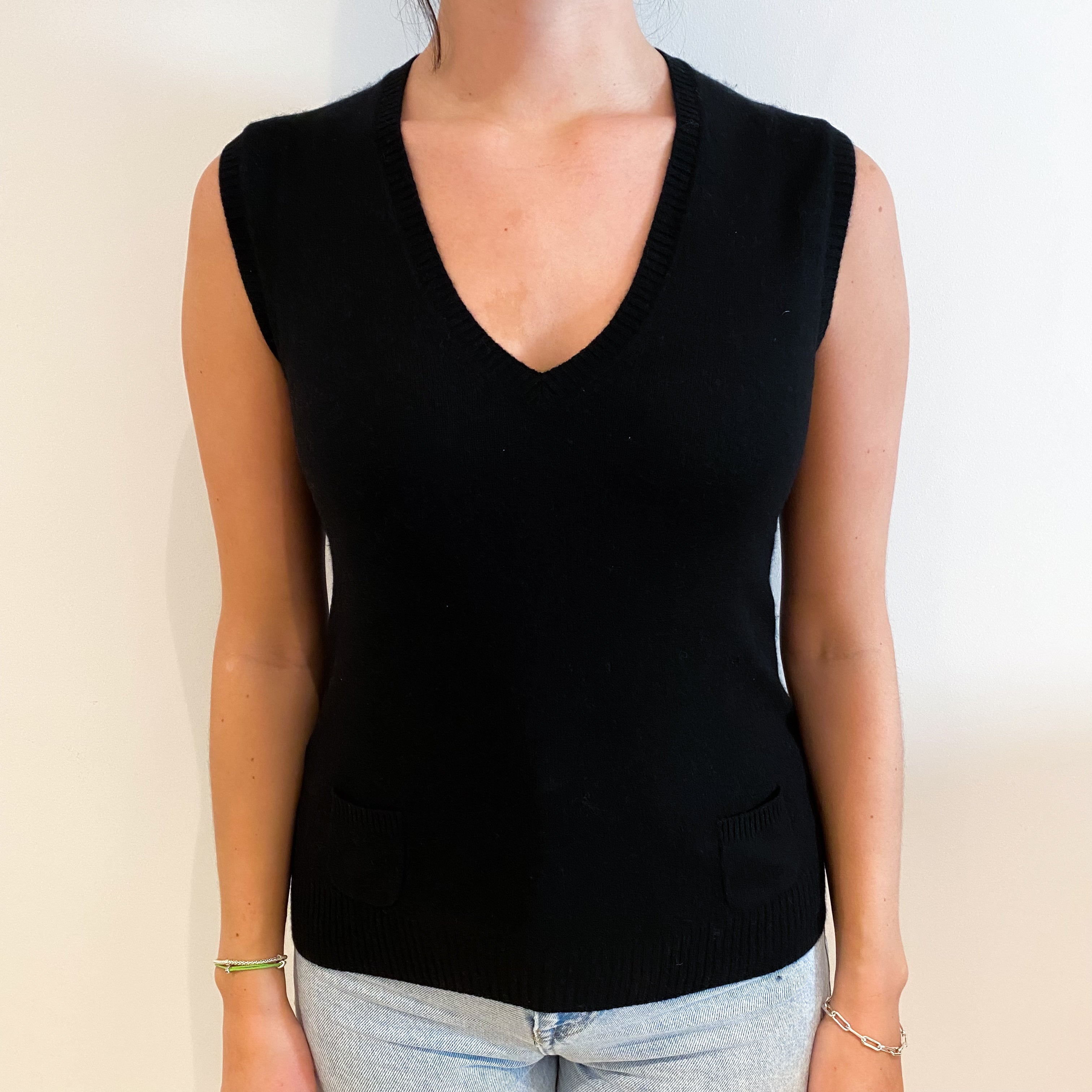 Black Cashmere V Neck Sleeveless Jumper Small