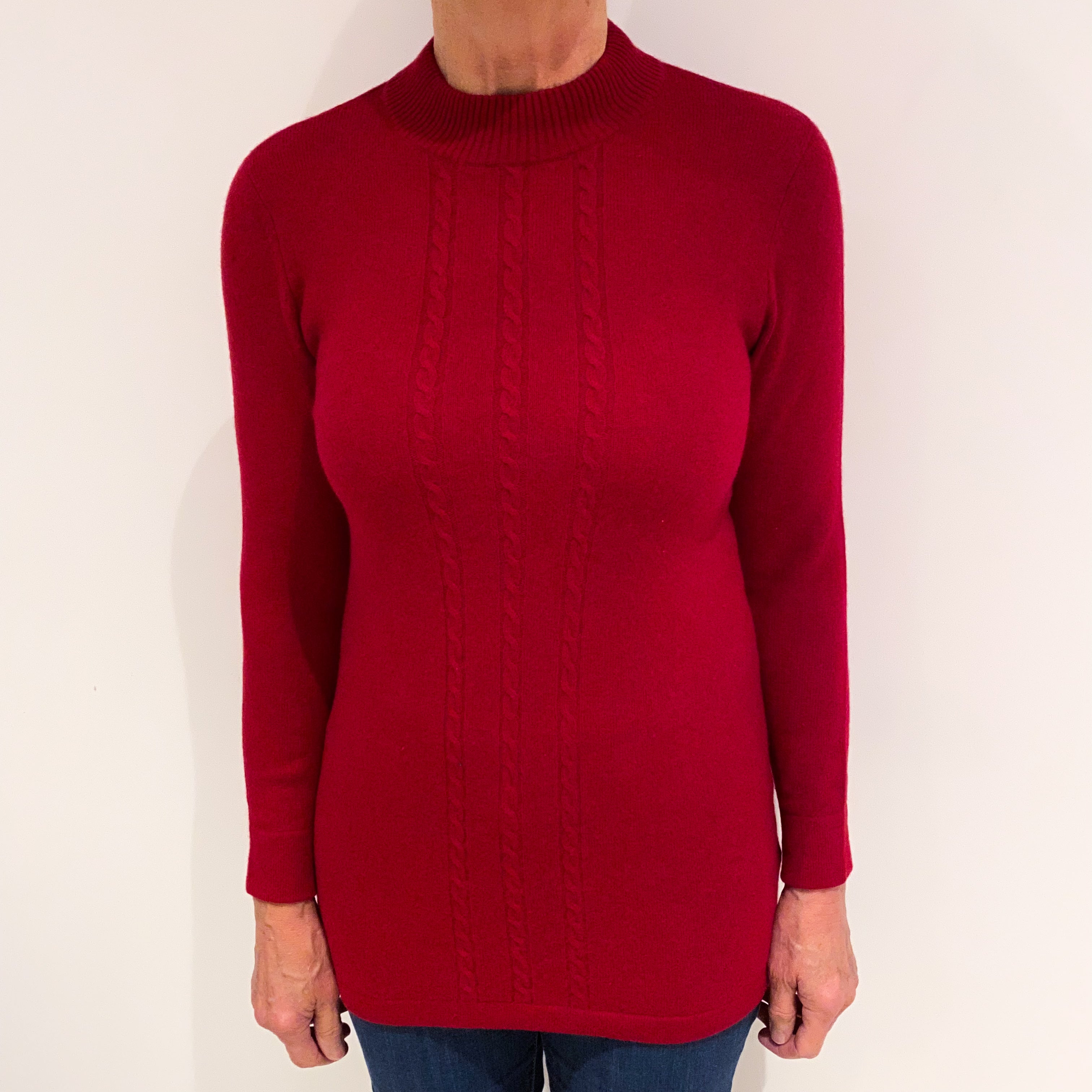 Crimson Red Cable Detail Cashmere Turtle Neck Jumper Medium
